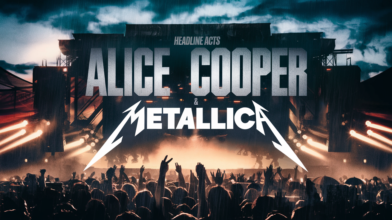 Affiche imaginaire d'un festival avec Alice Cooper et Metallica sous la pluie
