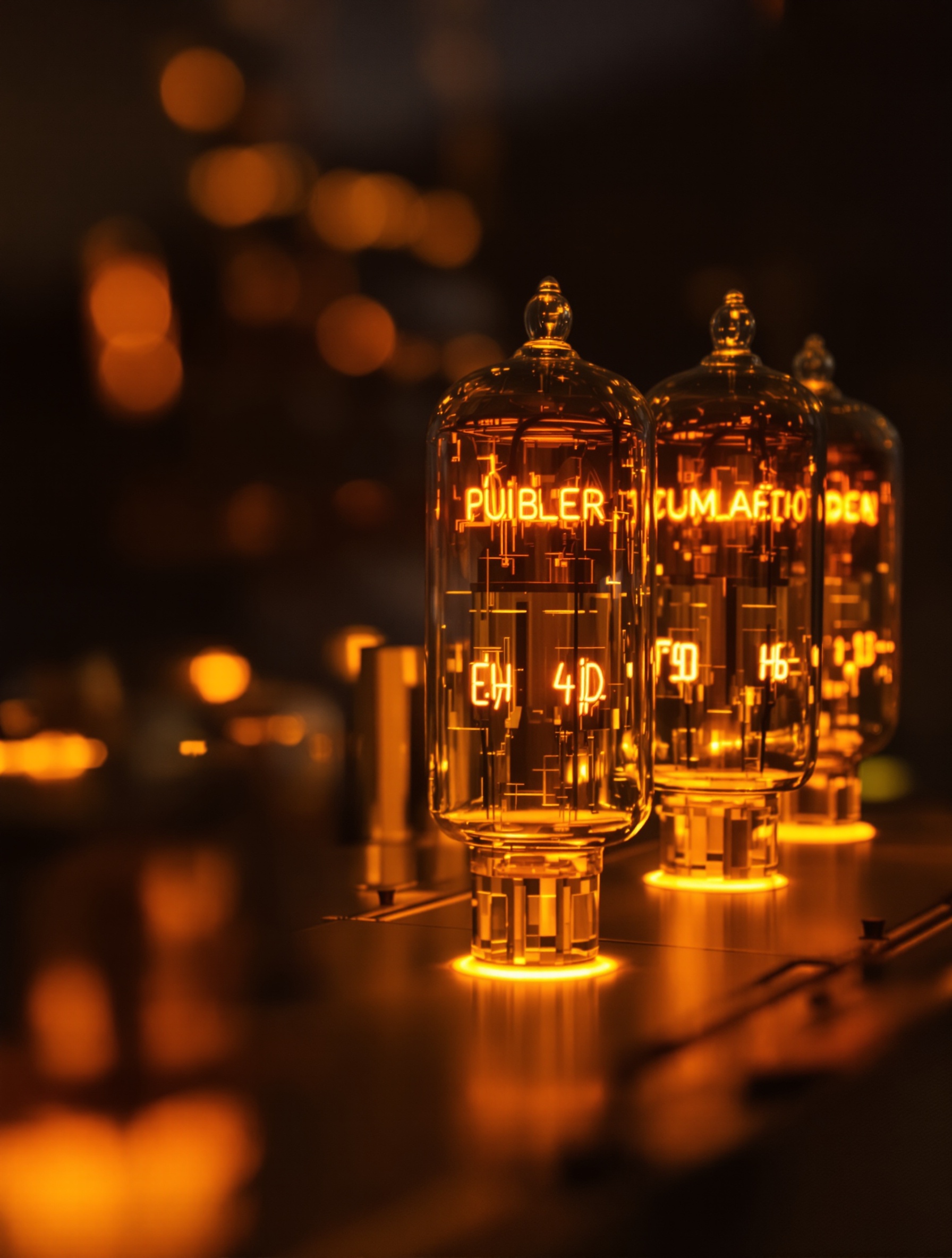 Gros plan atmosphérique sur un amplificateur à lampes vintage, tubes chauds brillants et profondeur acoustique