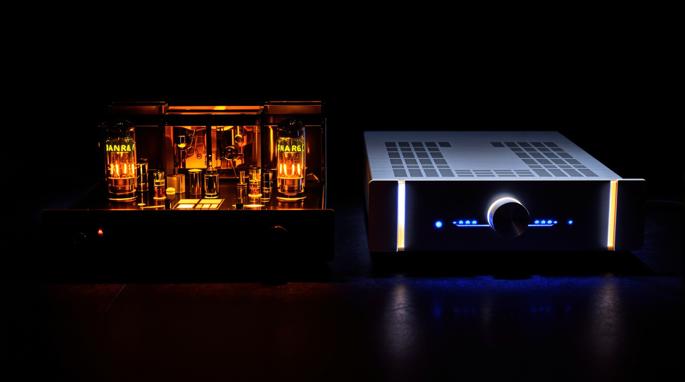 Deux amplificateurs côte à côte sur une scène sombre : un ampli à lampes vintage rayonnant de lumière chaude, un ampli à transistors au design épuré et froid, ambiance d'écoute sensorielle