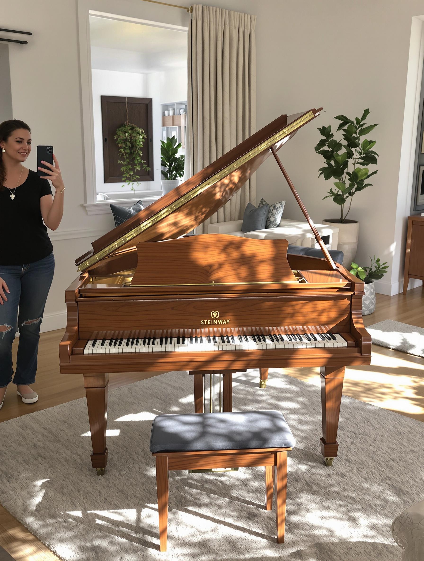 Annonce revente Steinway mise en scène piano salon lumineux.
