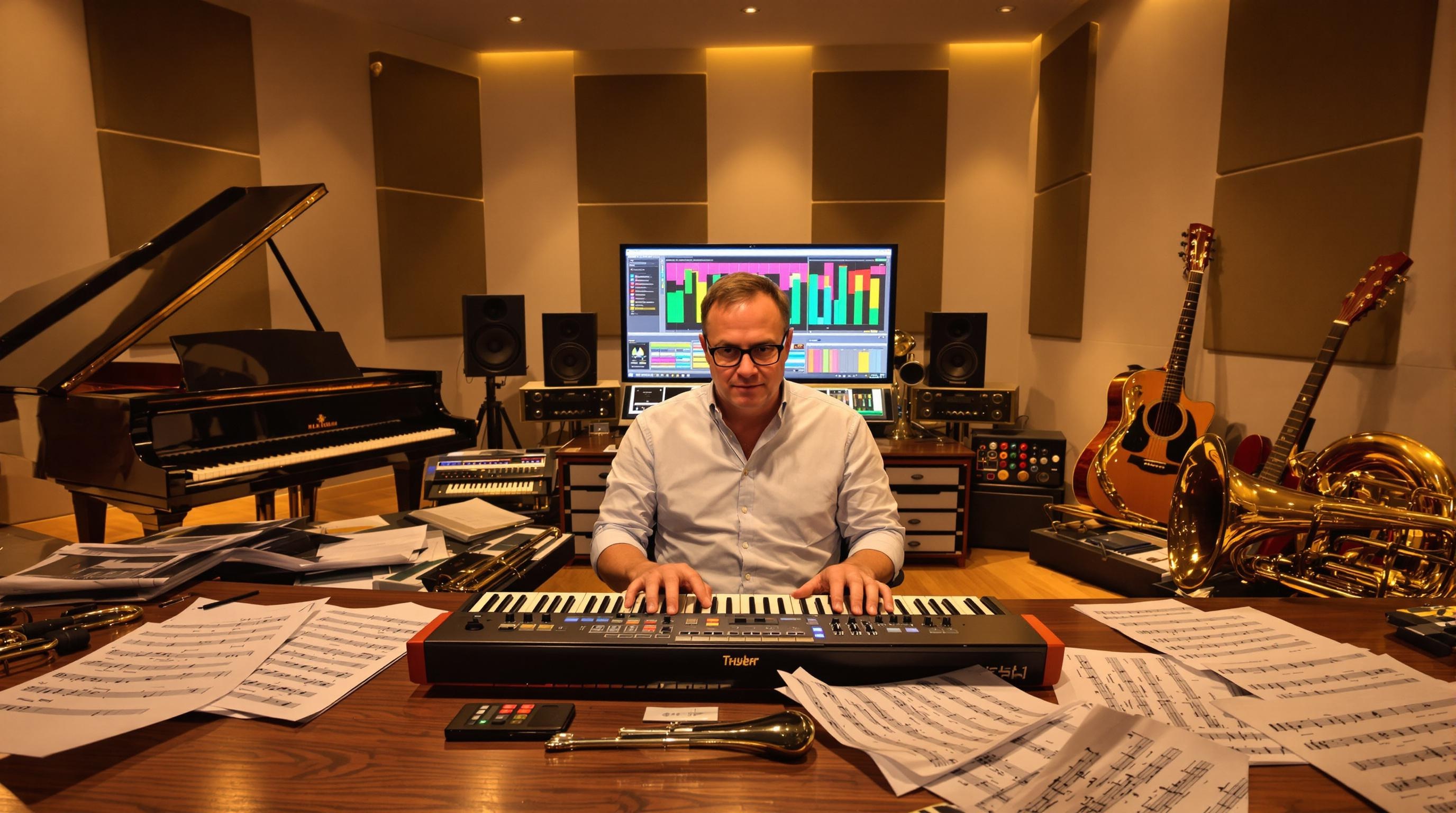 Arrangeur musical moderne dans son studio, entouré de partitions et instruments