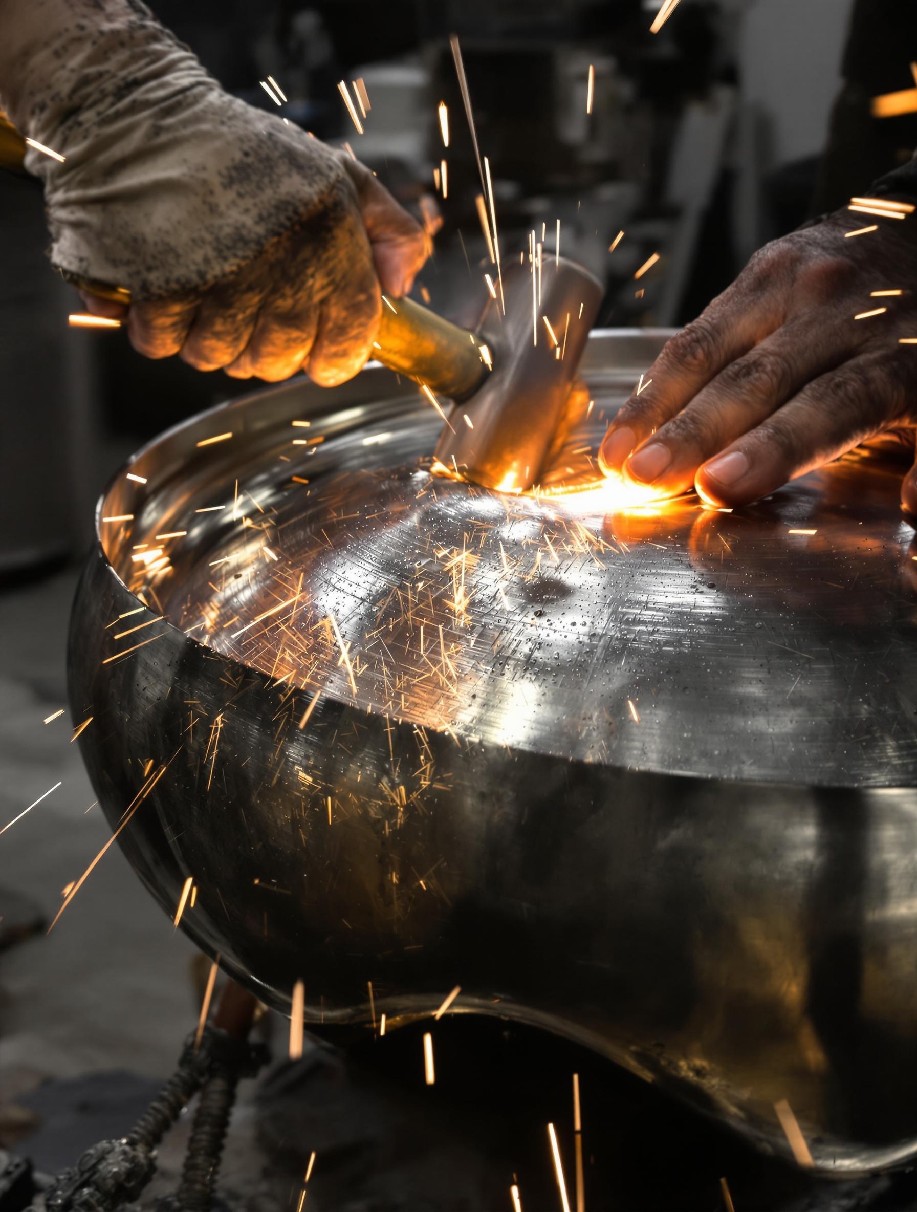 Artisan martelant une demi-coque de handpan, marques de nitruration et éclat du métal