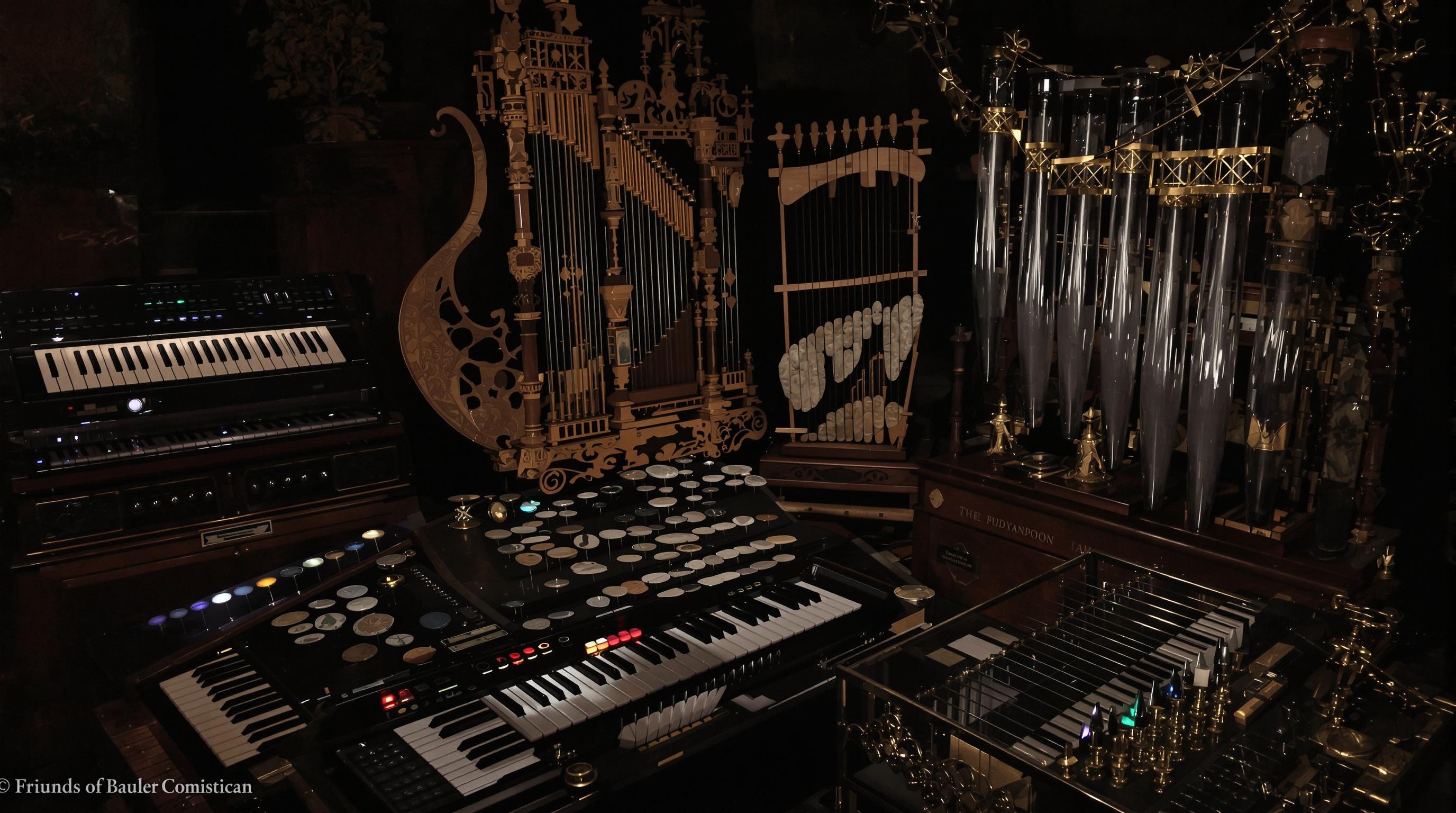 Assemblage énigmatique d'instruments traditionnels insolites : ondes Martenot, nyckelharpa, otamatone, bianqing chinois, pyrophone victorien.