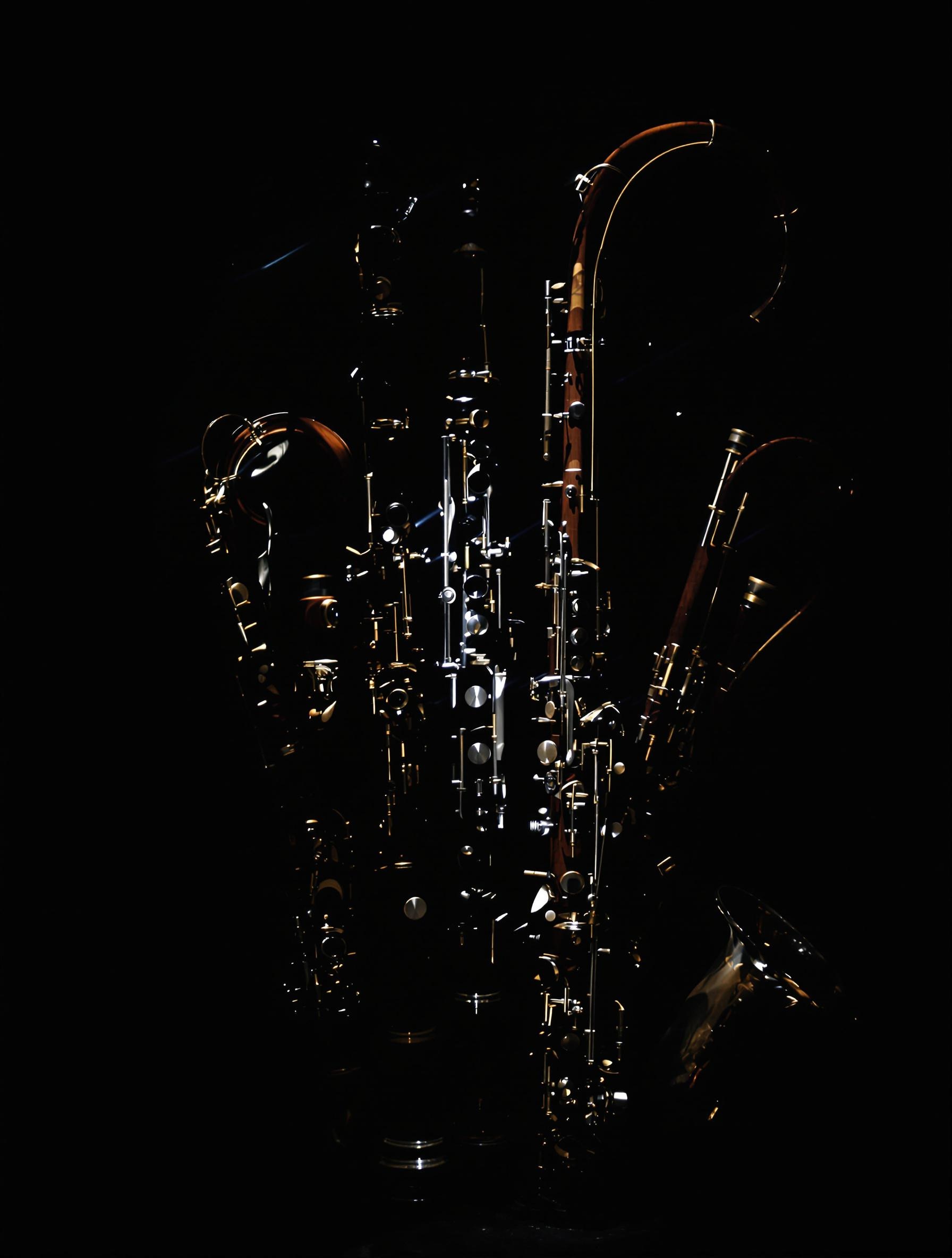 Assemblage étrange d’instruments à vent dans la pénombre, textures bois et reflets métalliques