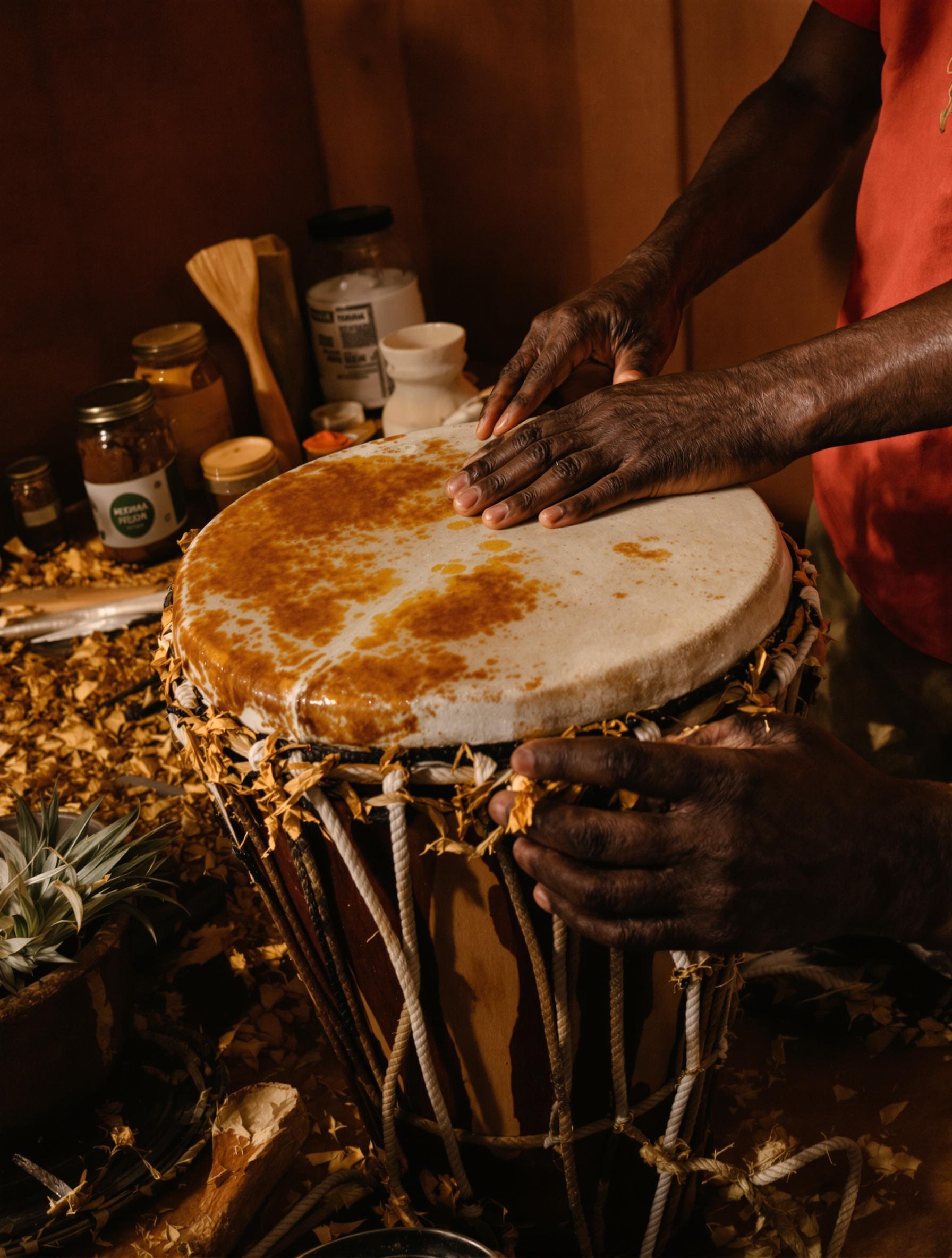 Atelier de réparation de djembé avec huile sur peau et résine naturelle