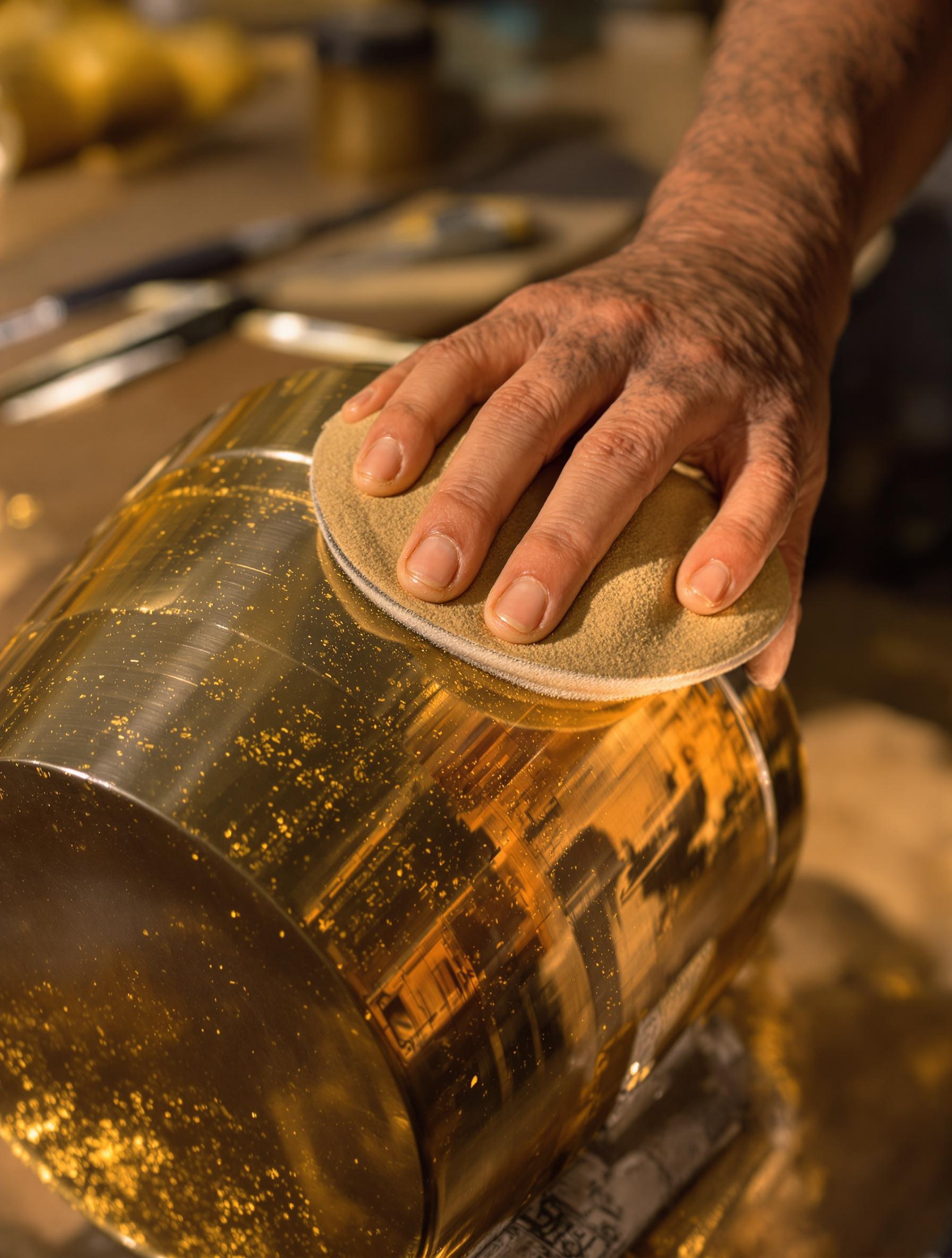 Atelier de bricolage avec ponçage manuel d'un fût en laiton doré