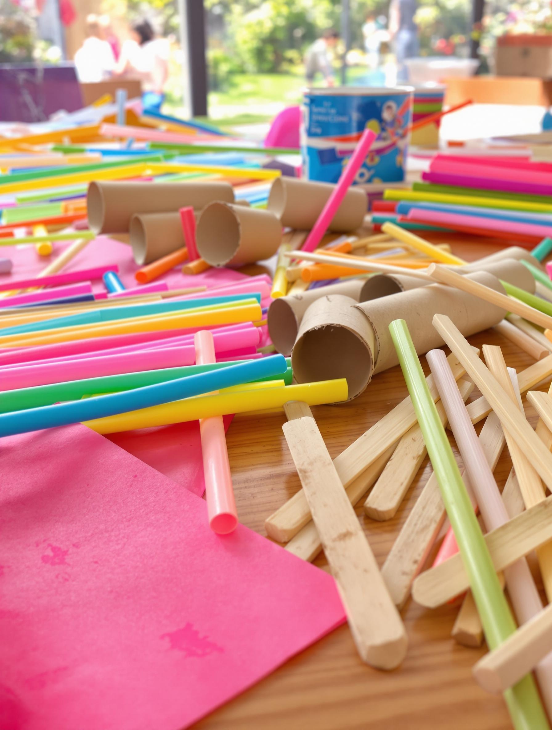 Instruments à vent DIY pour enfants fabriqués avec des pailles, rouleaux et bâtonnets en bois.