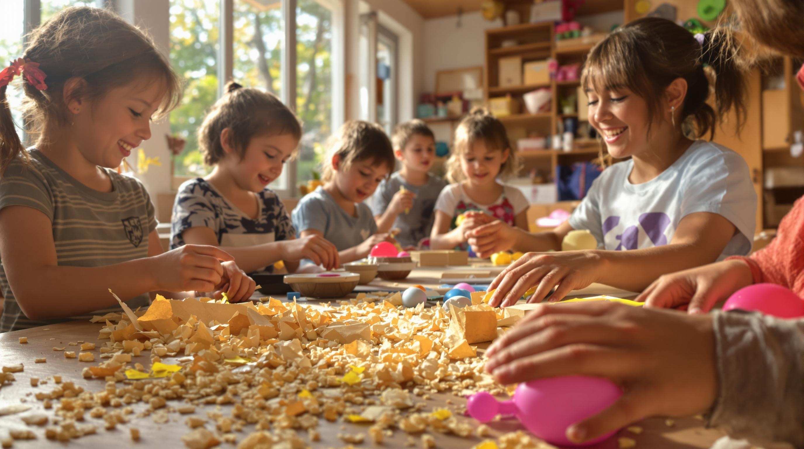 Atelier Montessori avec des enfants fabriquant des instruments DIY à partir de matériaux recyclés.