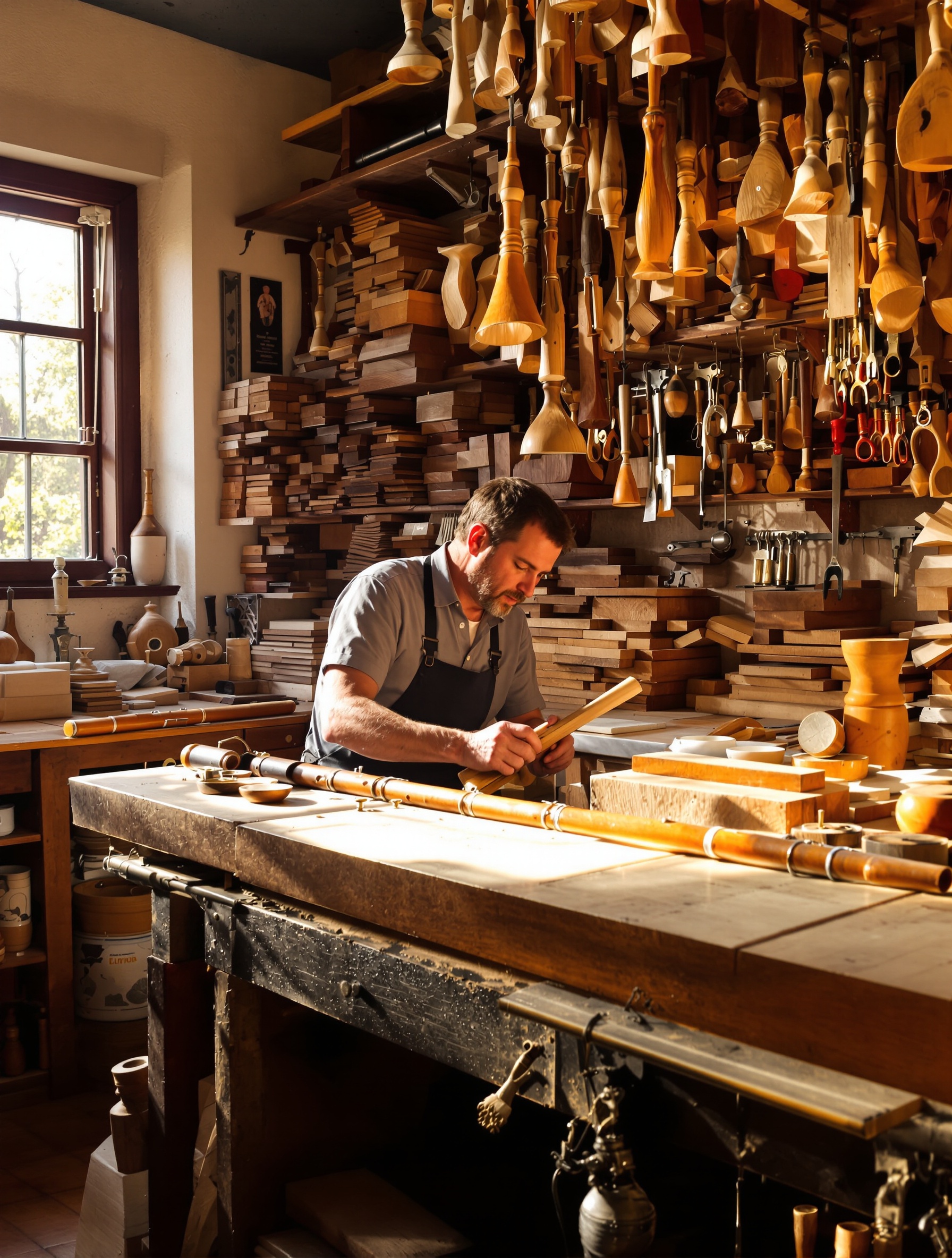 Atelier artisanal de fabrication d’instruments en bois, avec un maître-artisan façonnant une clarinette.