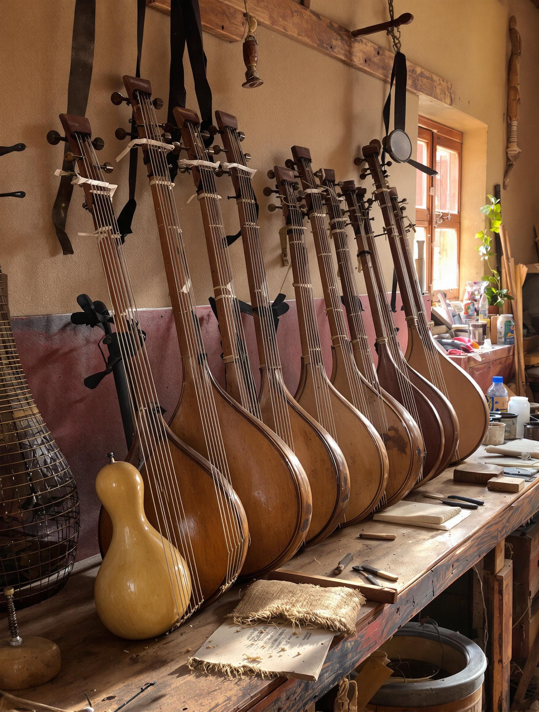 Atelier traditionnel avec plusieurs koras alignées sur une table, outils anciens visibles.