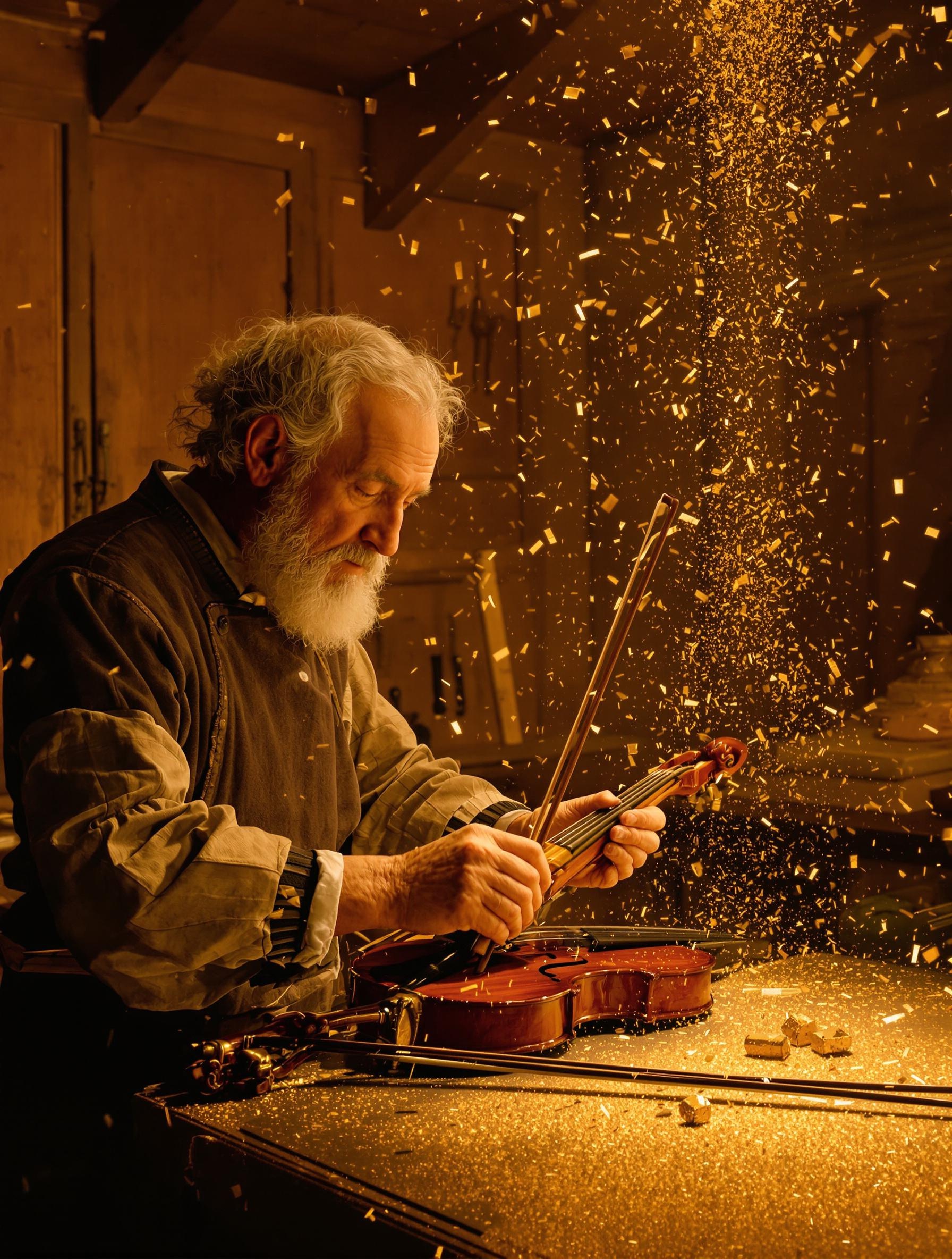 Atelier de lutherie à Crémone, XVIe siècle, Andrea Amati examinant un violon fraîchement verni