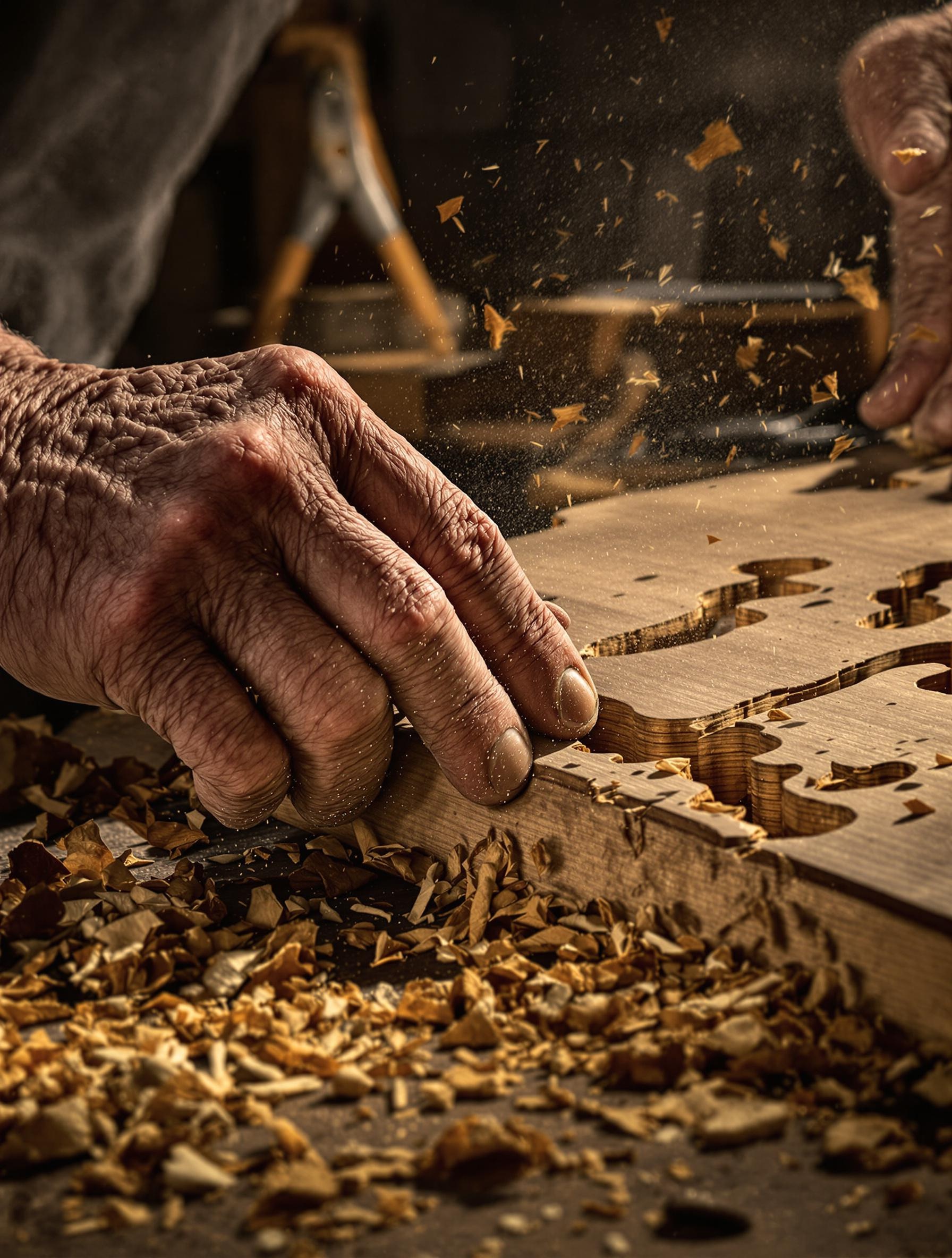 Atelier de luthier avec des mains vieillies travaillant une table d'harmonie en épicéa