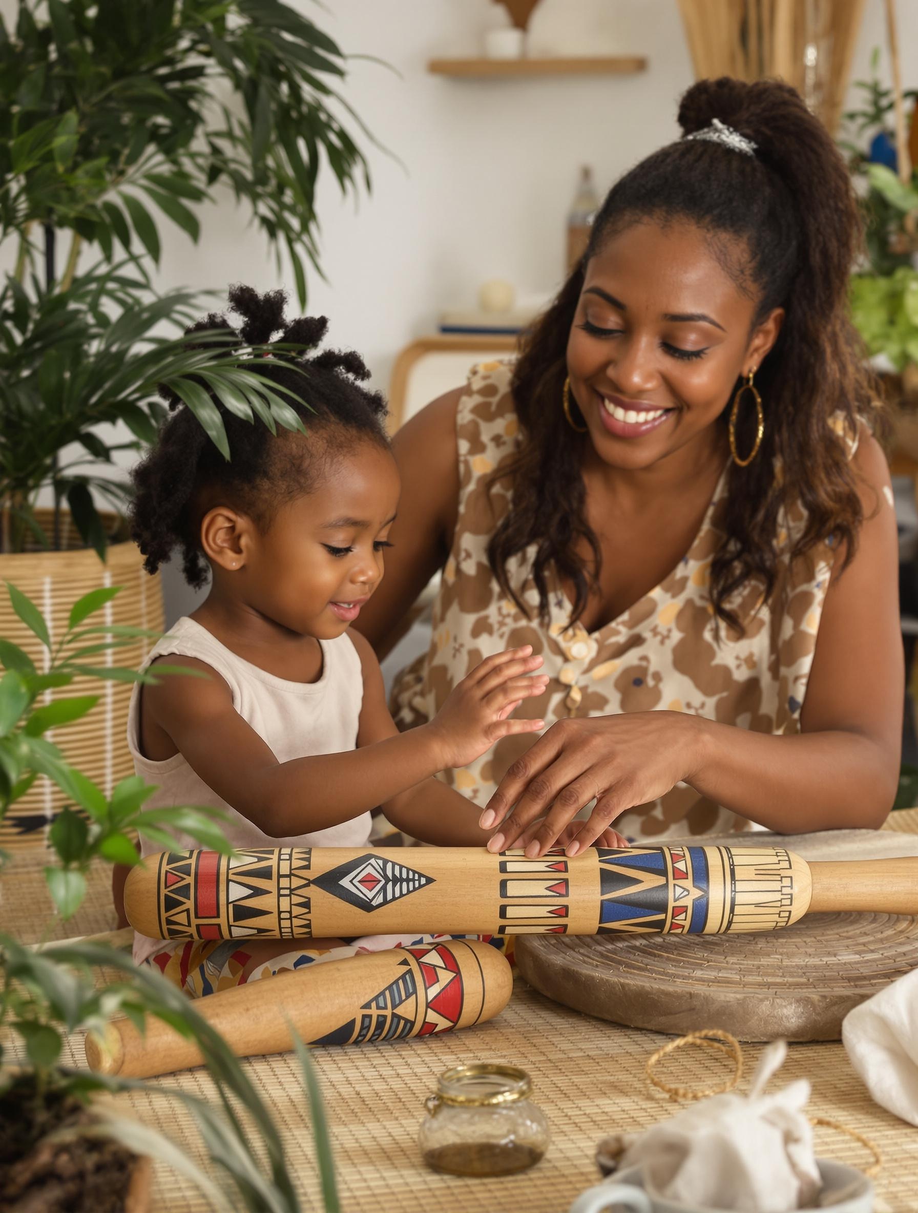 Atelier thérapeutique de sonothérapie avec un adulte et un enfant découvrant un bâton de pluie africain artisanal