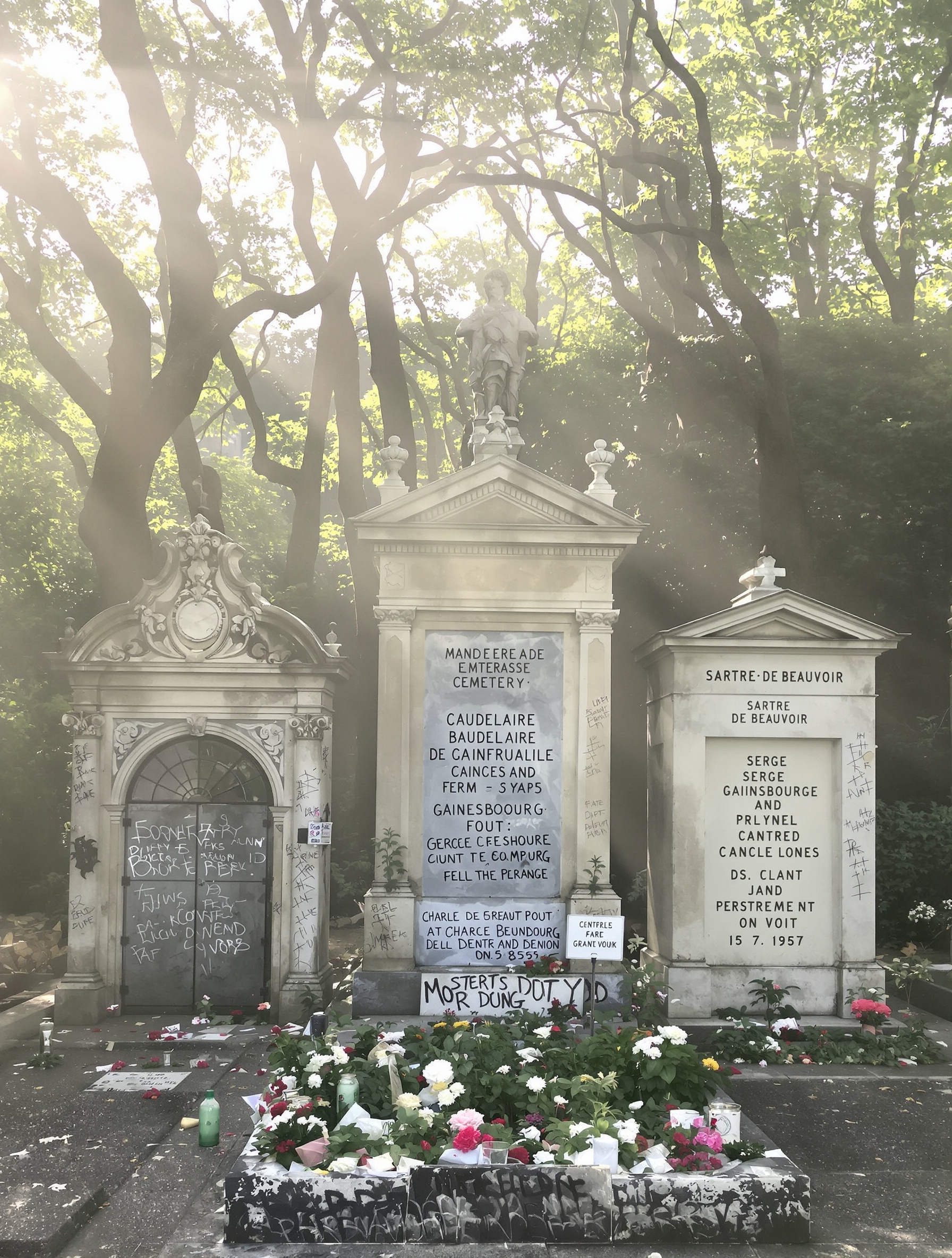 Atmosphère vaporeuse et artistique du Cimetière du Montparnasse avec monuments célèbres