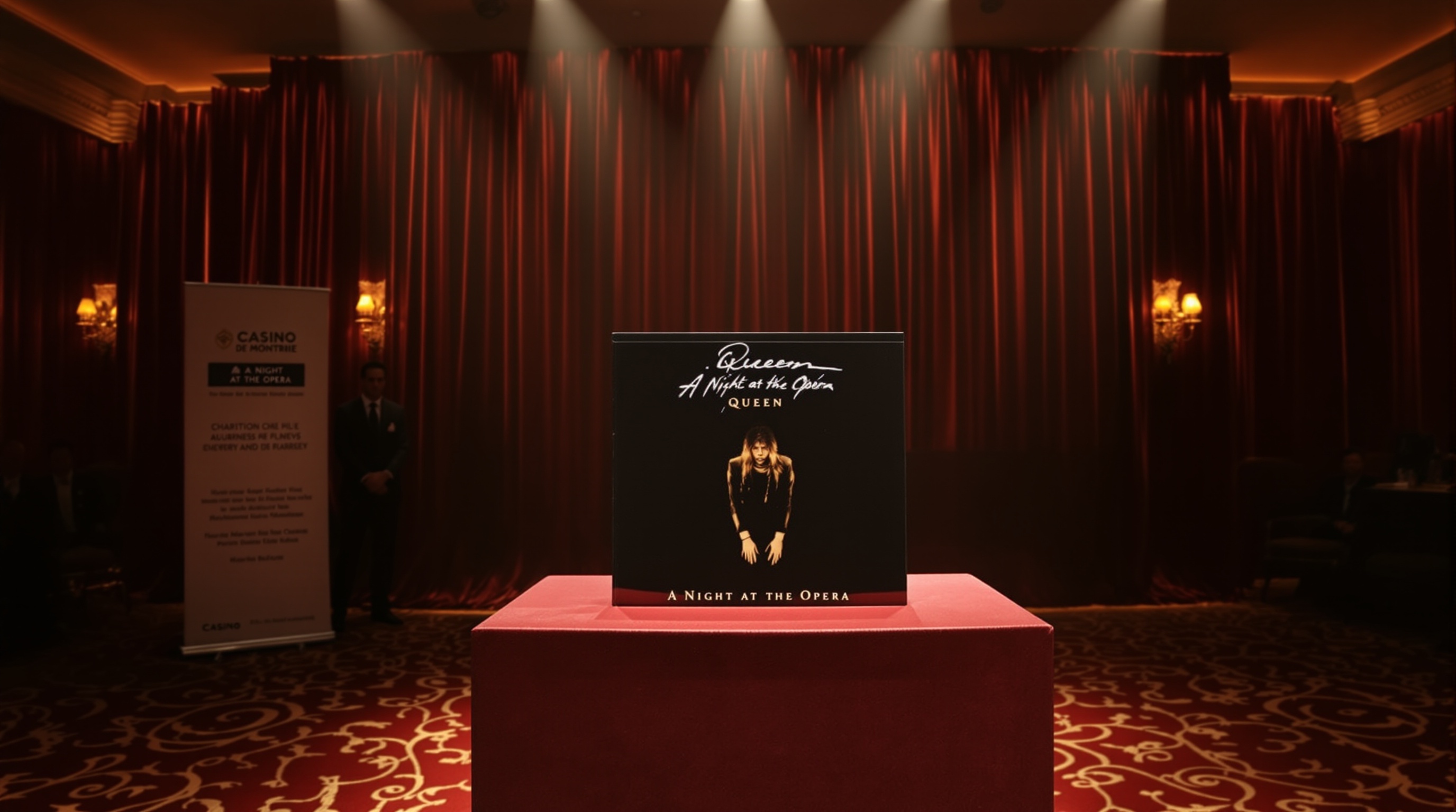 Salle d'enchères velvet, album signé 'A Night At The Opera', lumière dorée, Casino Barrière Montreux