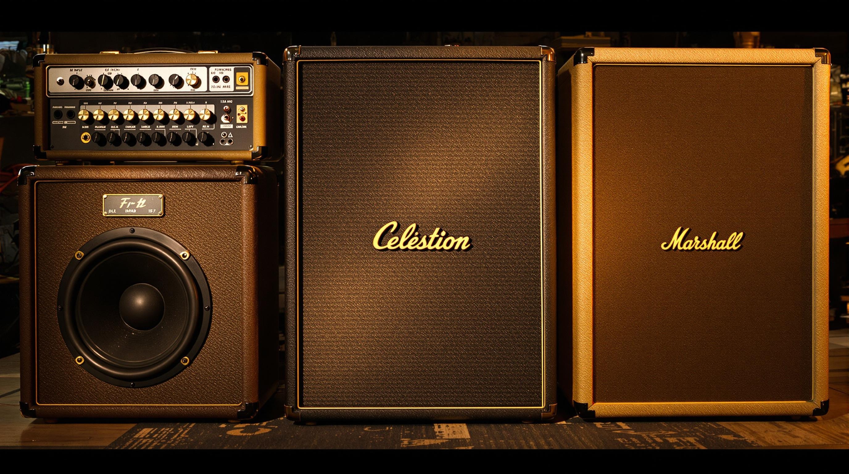 Comparatif visuel des baffles guitare 8, 12 et 15 pouces avec texture bois