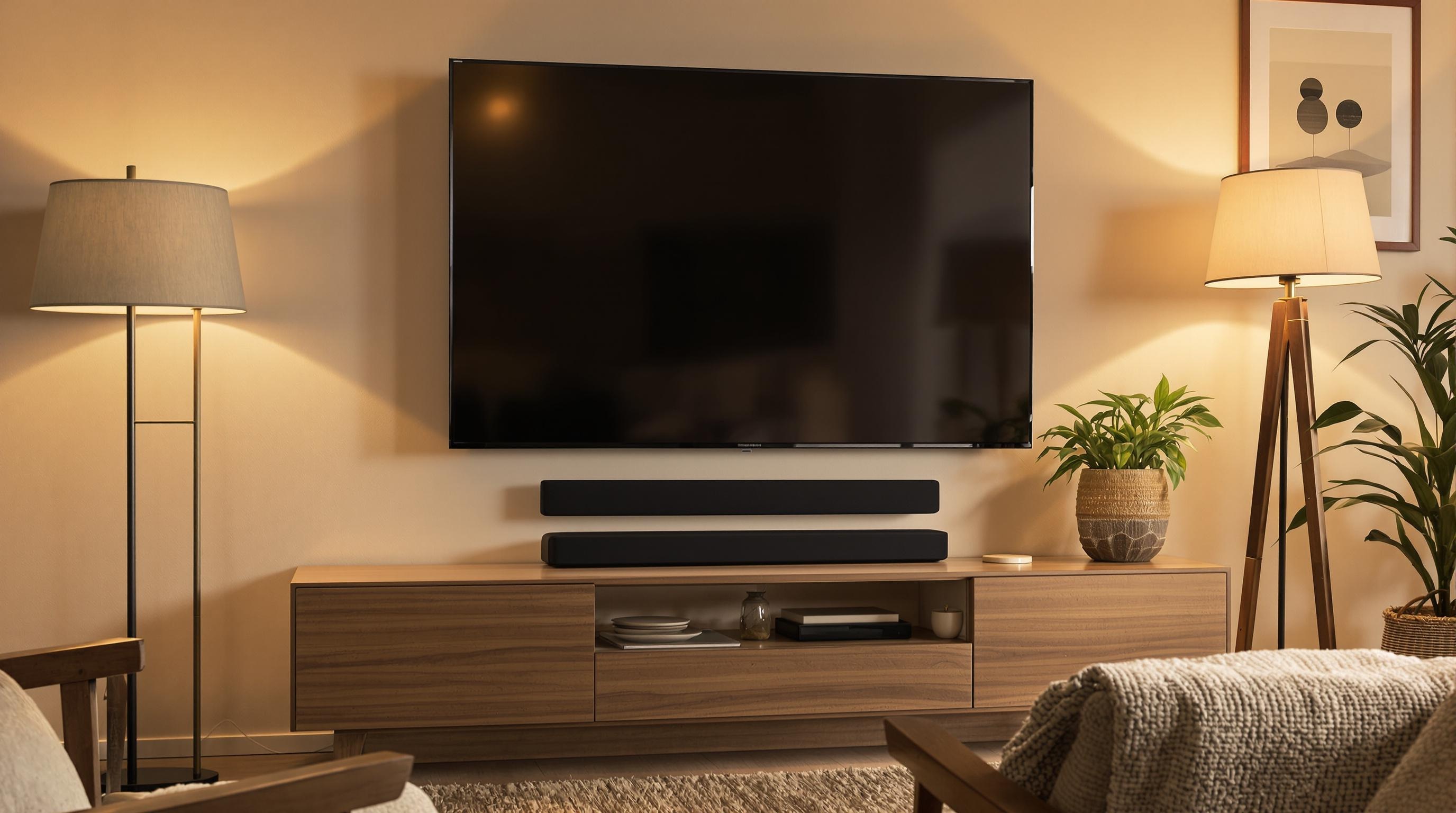 Barre de son parfaitement alignée sous une TV dans un salon chaleureux