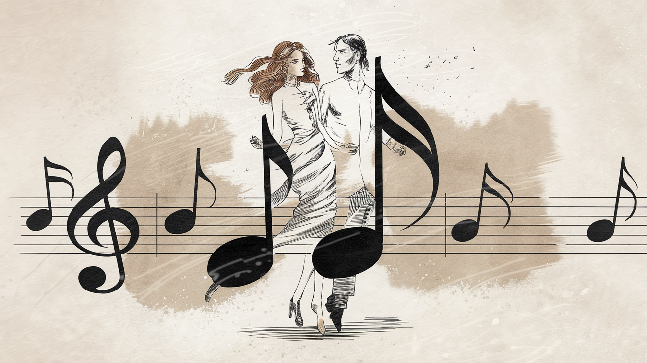 Jane Birkin et Serge Gainsbourg représentés comme deux notes entremêlées sur une portée, symbolisant leur relation intemporelle.