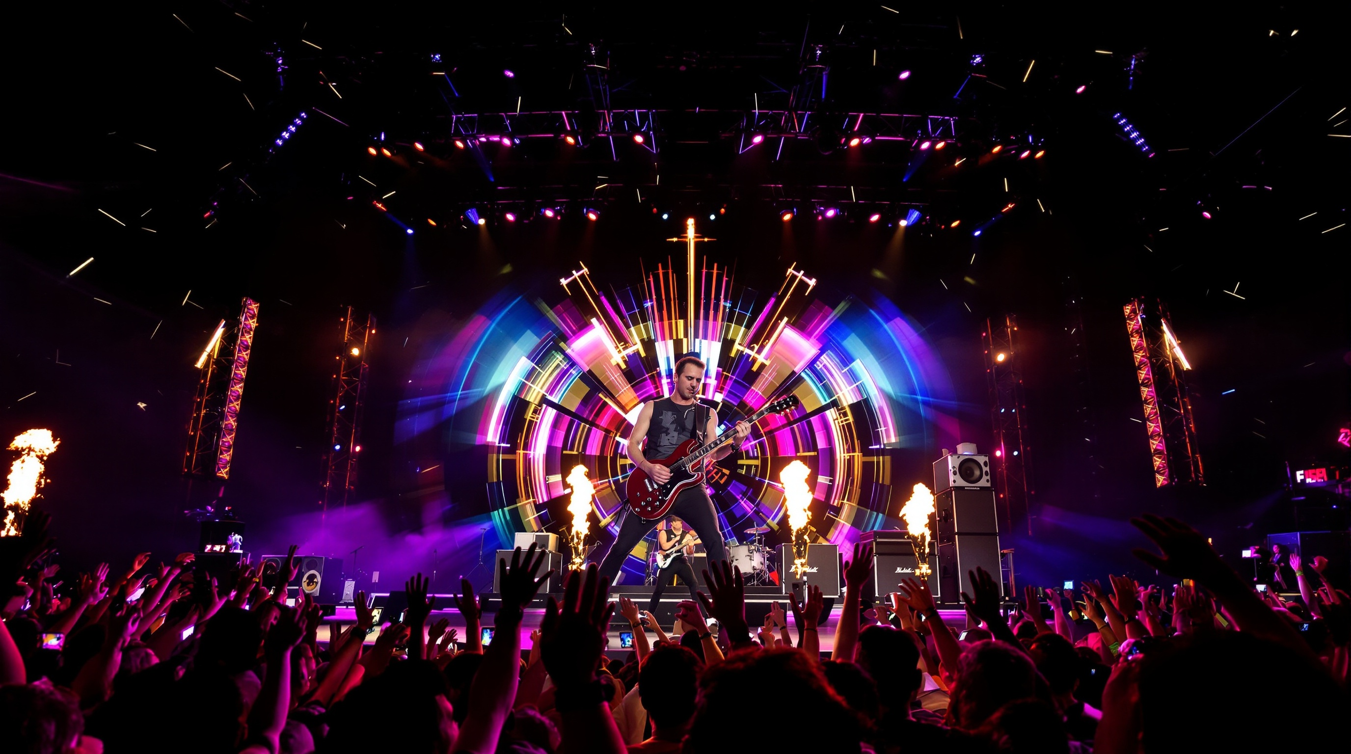 Photographie intense du trio Blink-182 sur scène lors de la One More Time Tour, public en délire et lumières pop-punk.