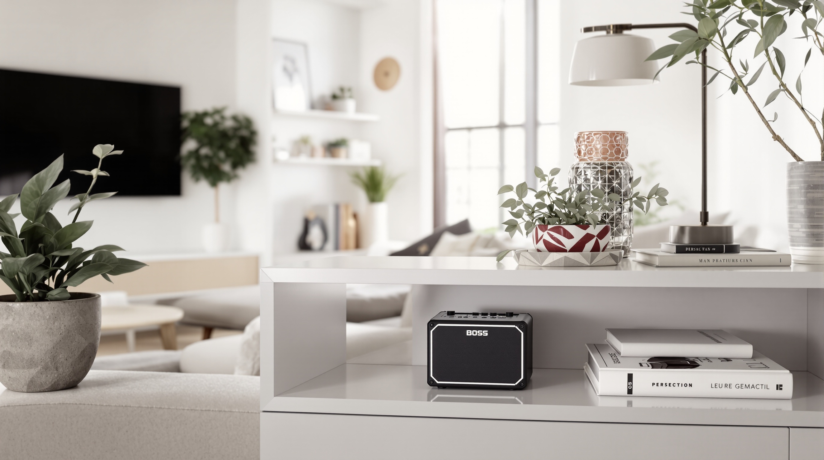 Combo ultra-compact Boss Katana Mini posé sur une étagère dans un salon moderne