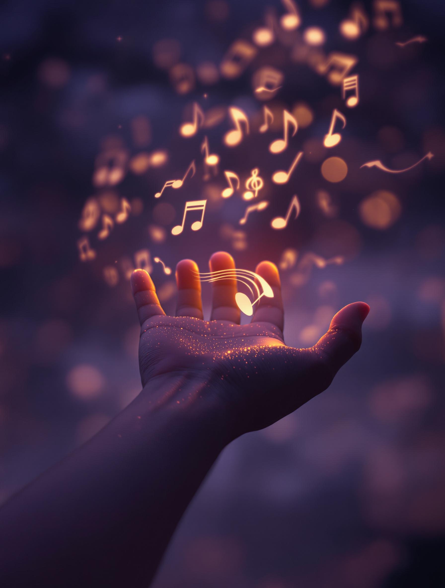 Un bras tendu dans la lumière crépusculaire effleurant des portées musicales.