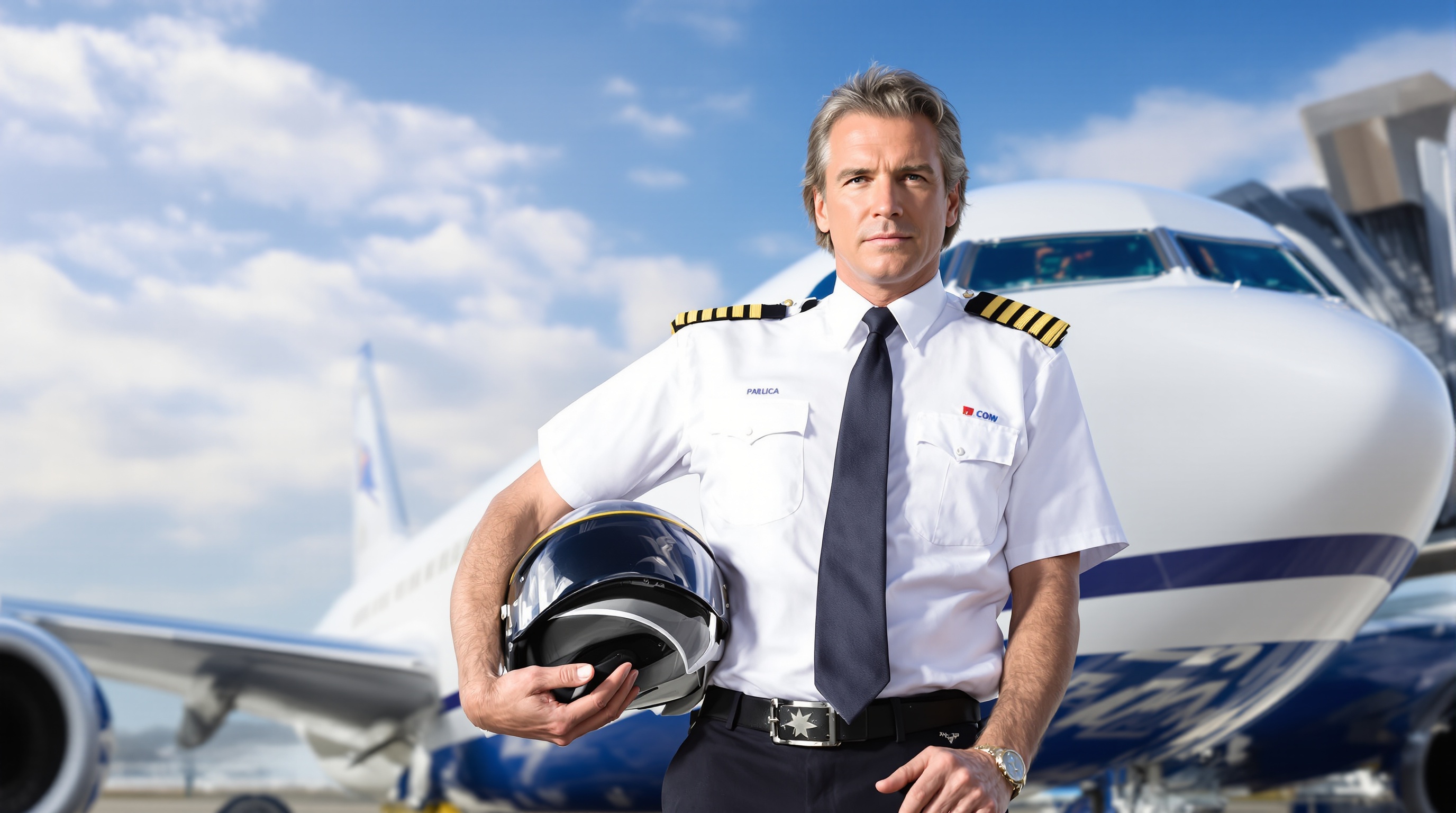 Bruce Dickinson en uniforme de pilote devant un avion commercial