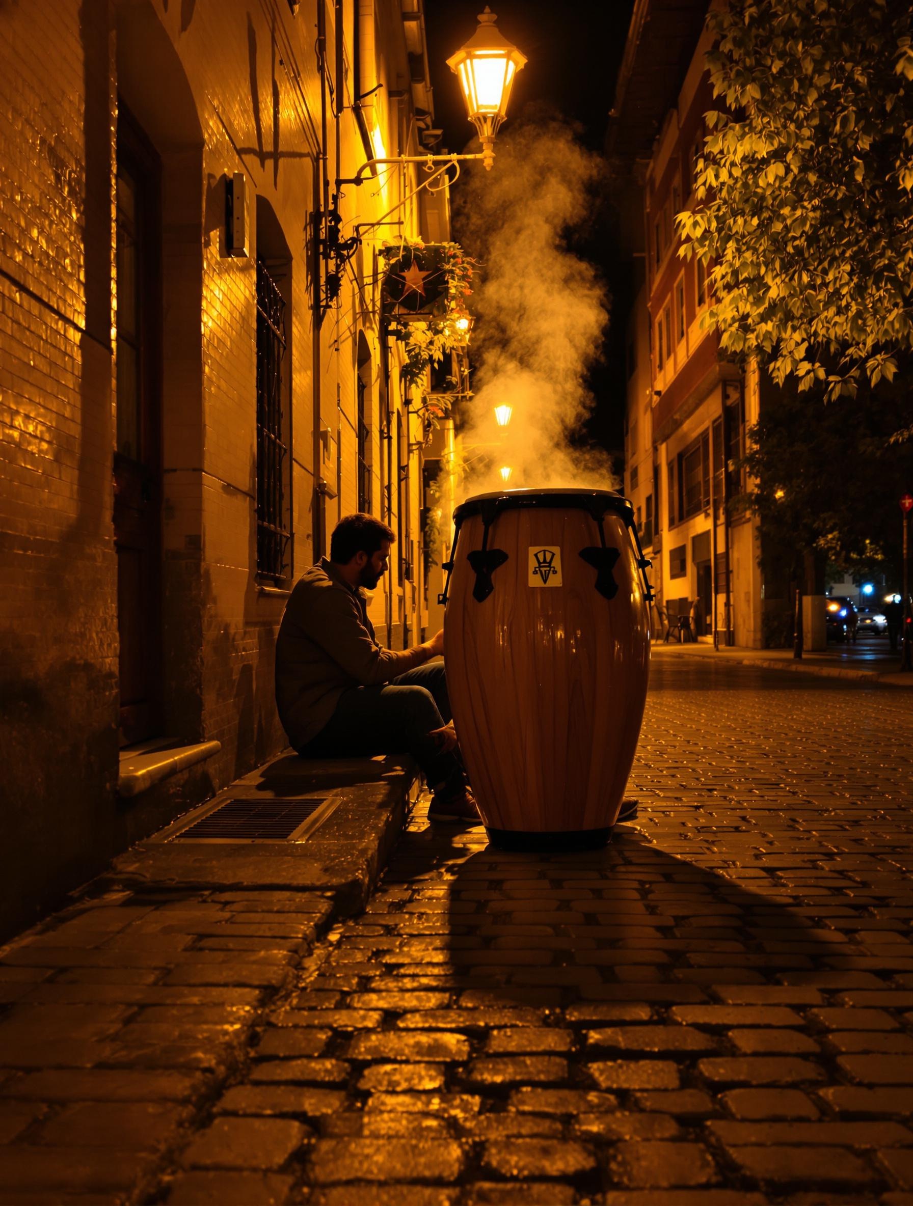 Passant assis sur un cajón sur un trottoir pavé, lumière urbaine du soir, brume de grave flottant autour.