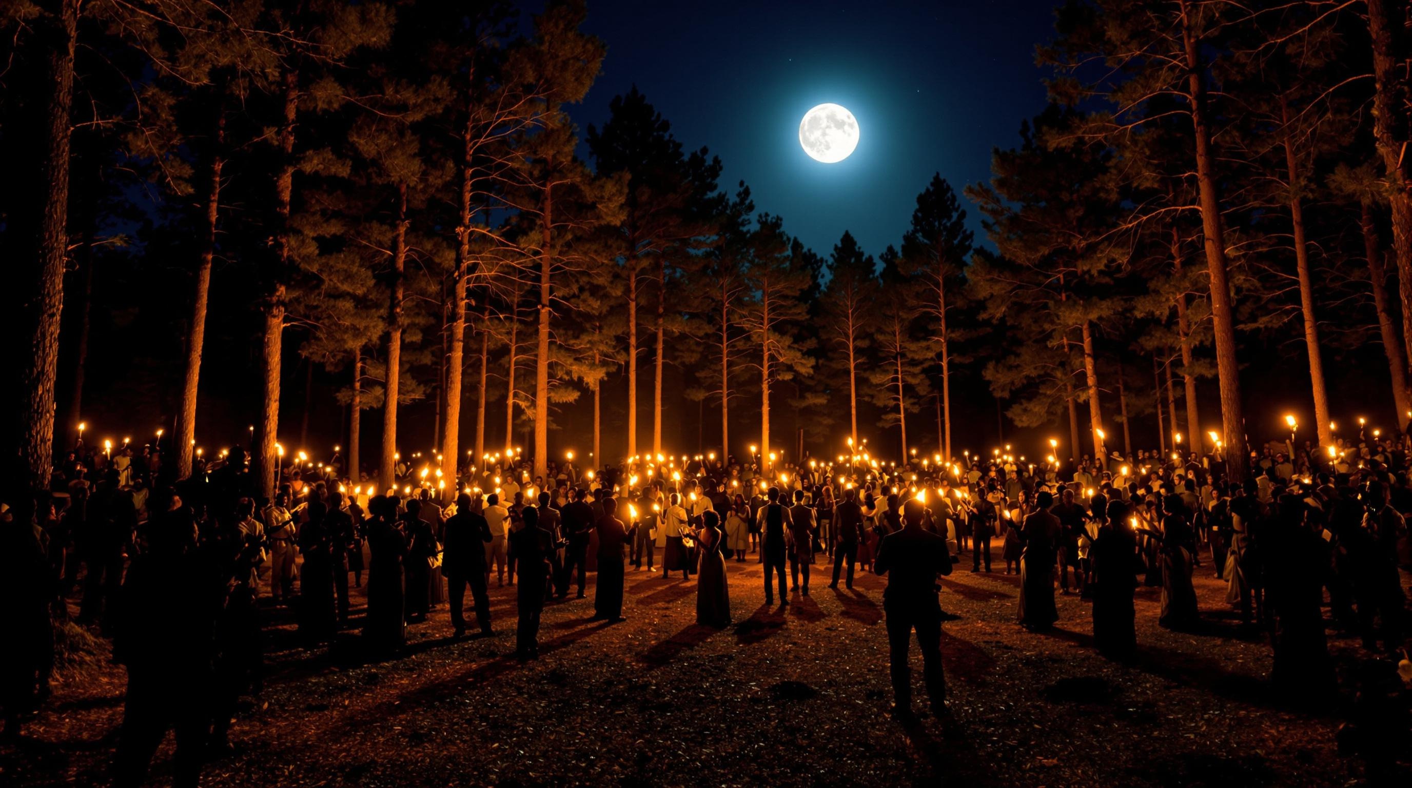 Scène nocturne camp meeting afro-américain, forêt, flambeaux, mains battant le rythme