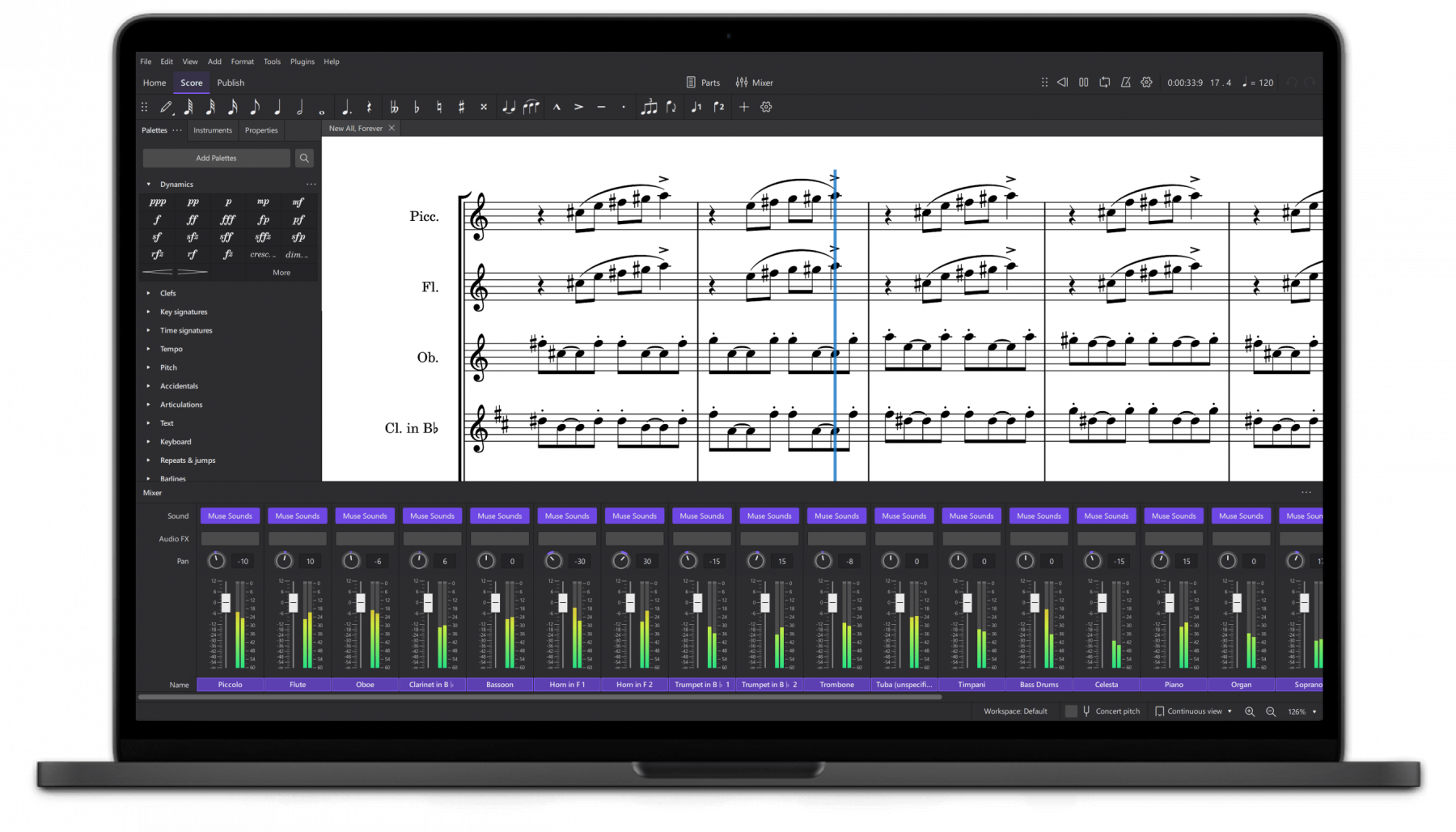 Capture d'écran MuseScore : édition créative d'une partition de piano sur ordinateur.