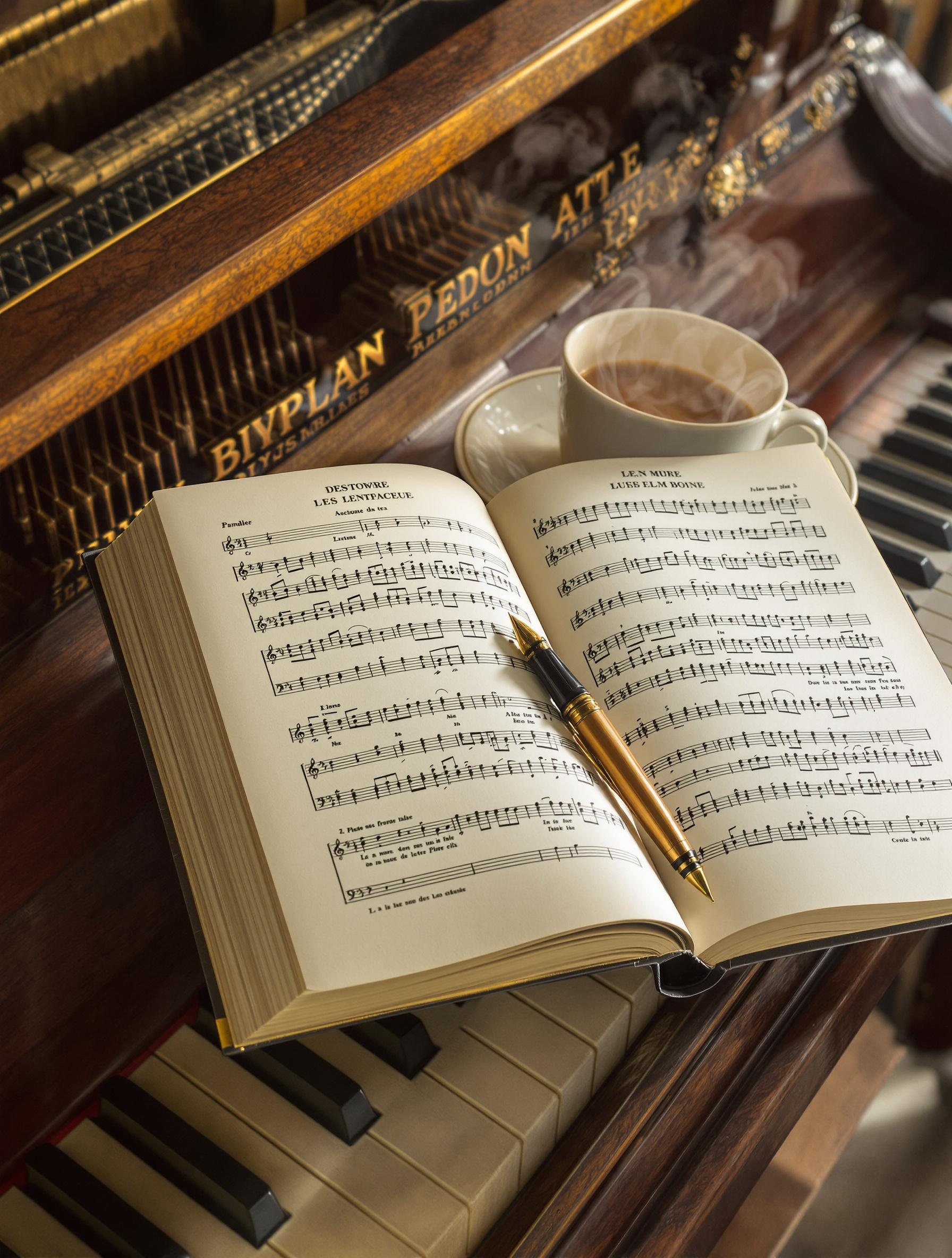 Carnet de chant lyrique ouvert sur un piano ancien, dans une ambiance studieuse.