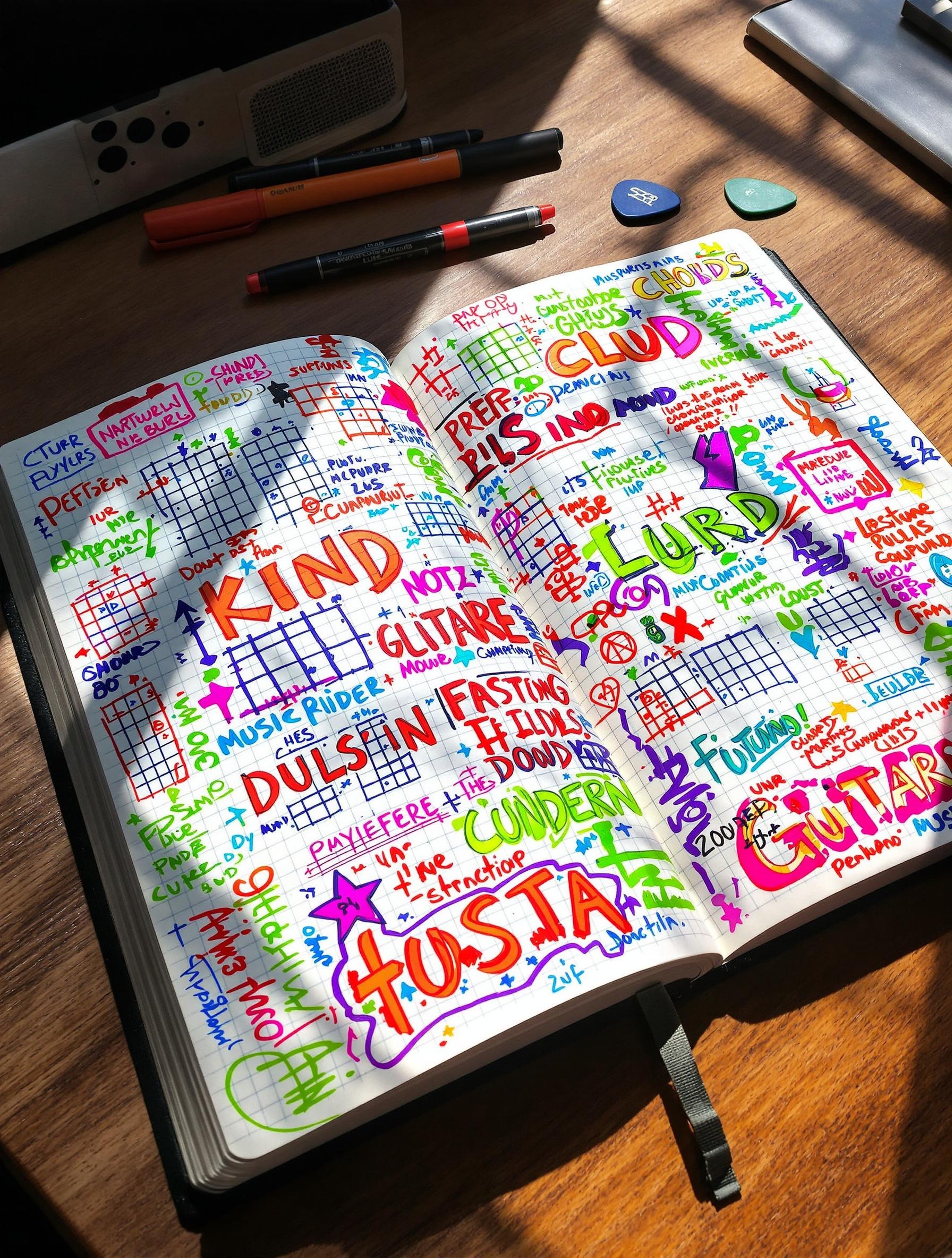 Carnet ouvert avec des esquisses de riffs, diagrammes d'accords et notes manuscrites colorées.
