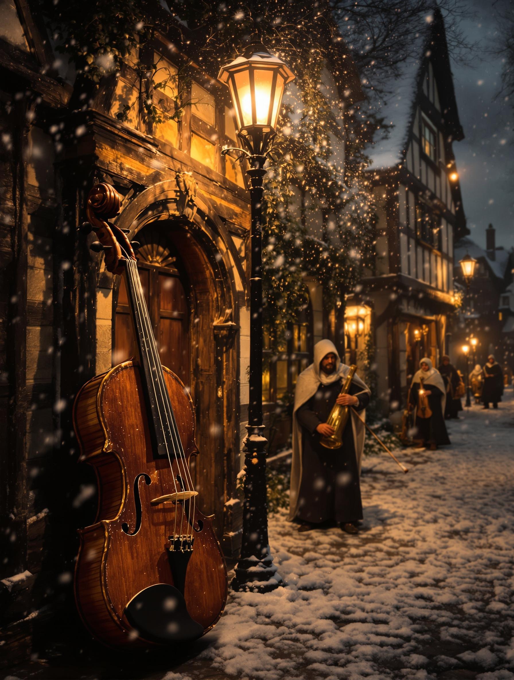 Musiciens Waits anglais du XVIe siècle jouant dans la neige.