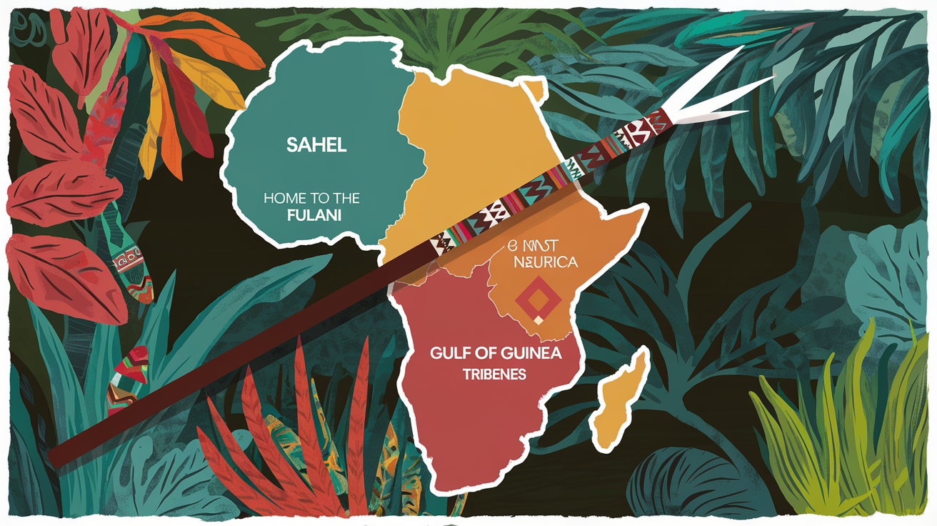 Carte stylisée d’Afrique montrant les zones et peuples associés au bâton de pluie