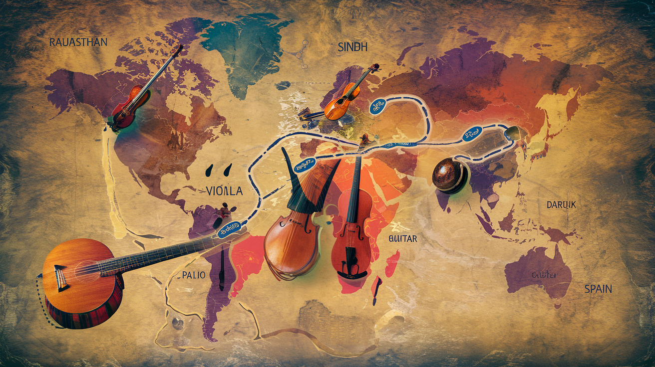 Carte des racines de la musique gitane, du Rajasthan au Sindh, des Balkans à l'Espagne.