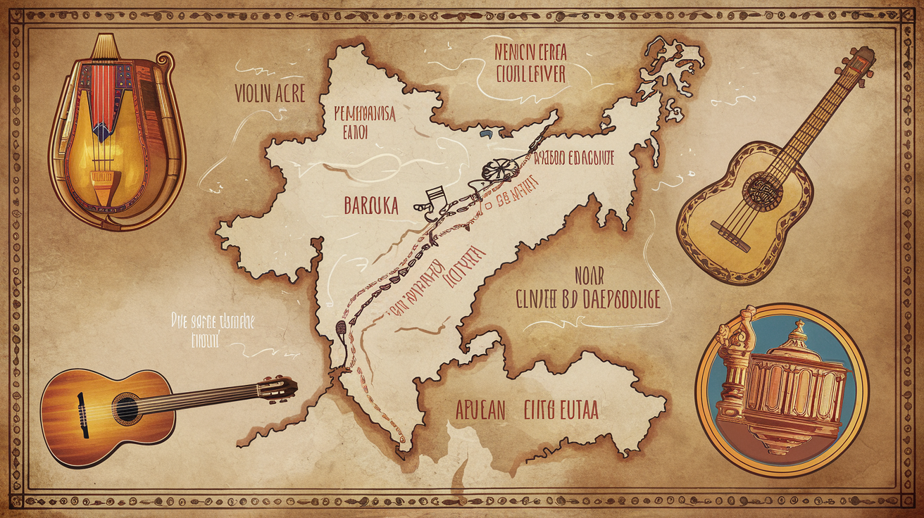 Carte des migrations des Roms depuis l'Inde vers l'Andalousie, avec des instruments emblématiques.