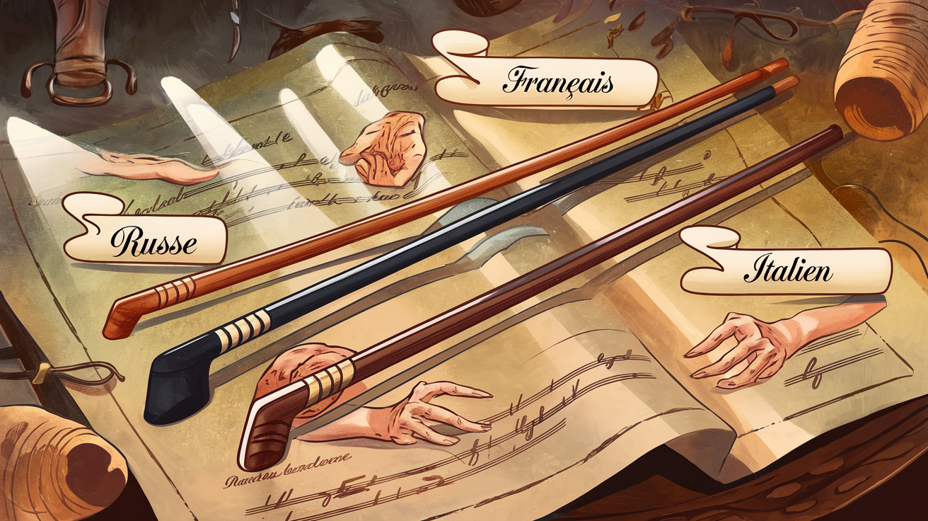 Carte stylisée montrant trois archets de violon posés sur un parchemin ancien, étiquetés Russe, Français, Italien ; chaque archet souligne des gestes de main distincts. Lumière rasante révélant la texture du bois et des notes manuscrites en arrière-plan.
