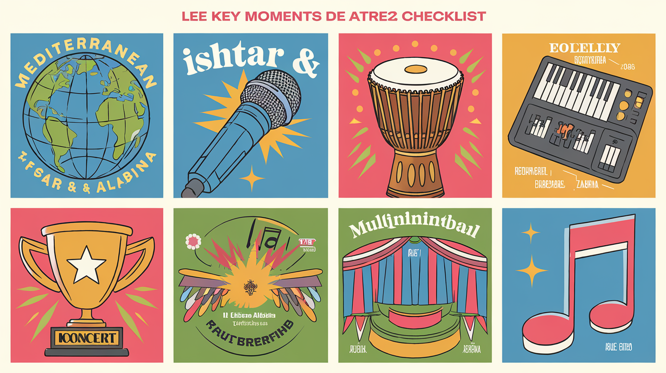 Checklist illustrée de la carrière d'Ishtar et Alabina, avec des éléments comme le bendir, un synthé, un globe et des concerts