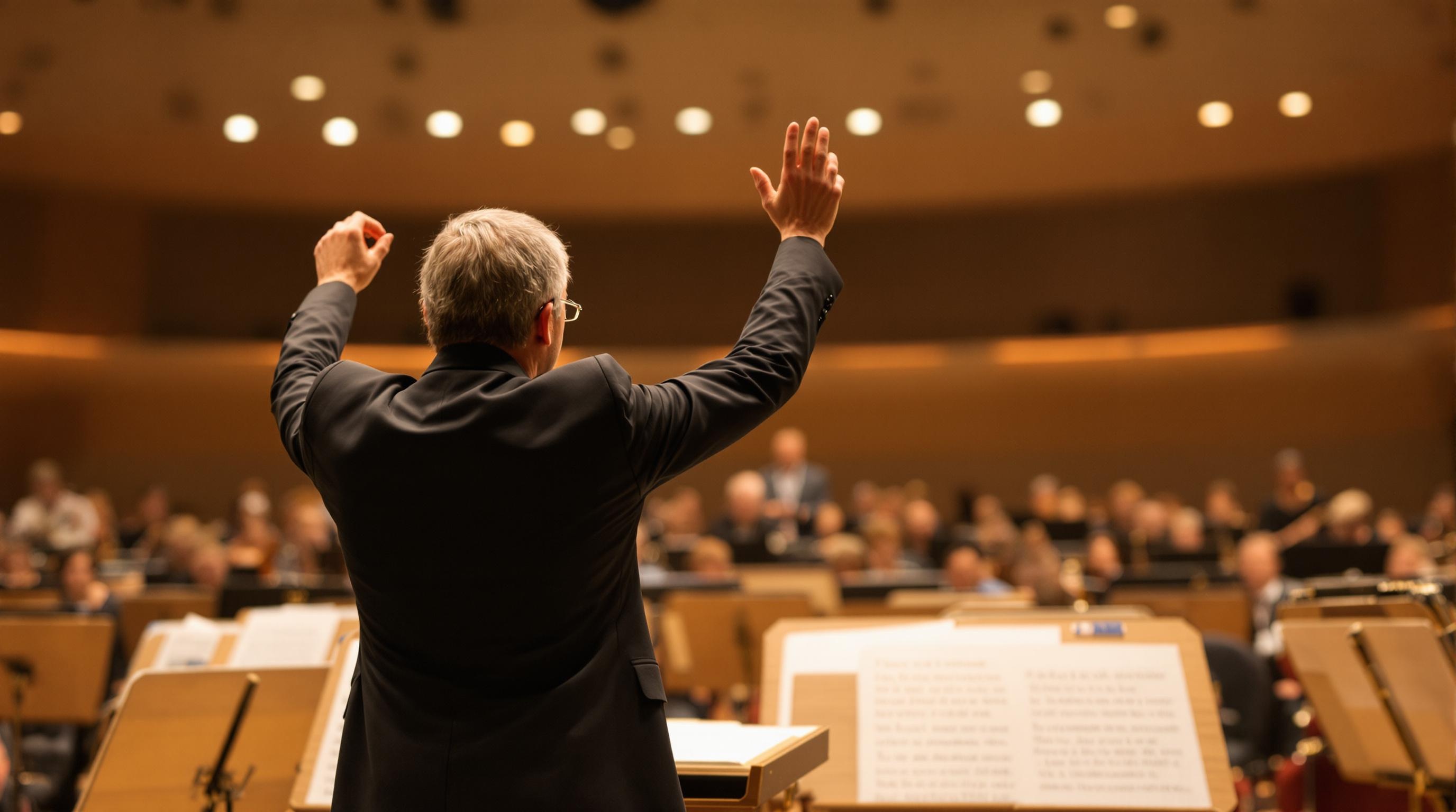 Chef d’orchestre moderne bras levés devant un orchestre capté entre deux silences.