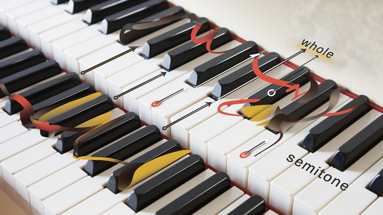 Clavier de piano illustrant tons et demi-tons.