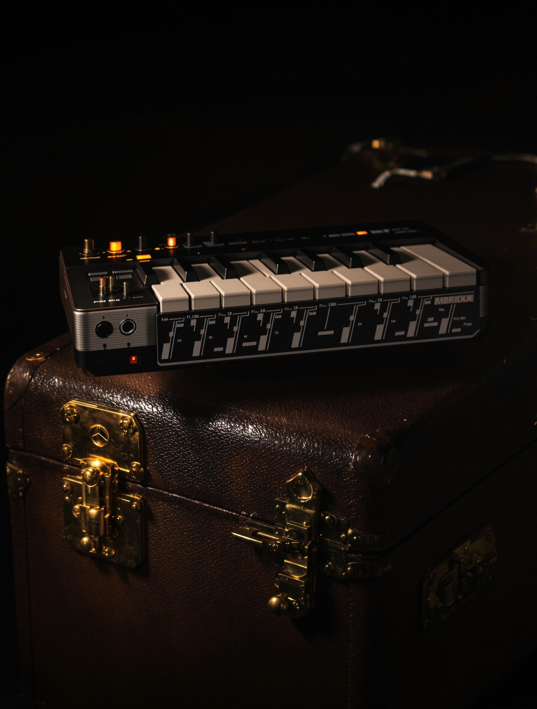 Clavier portable compact posé sur une valise vintage