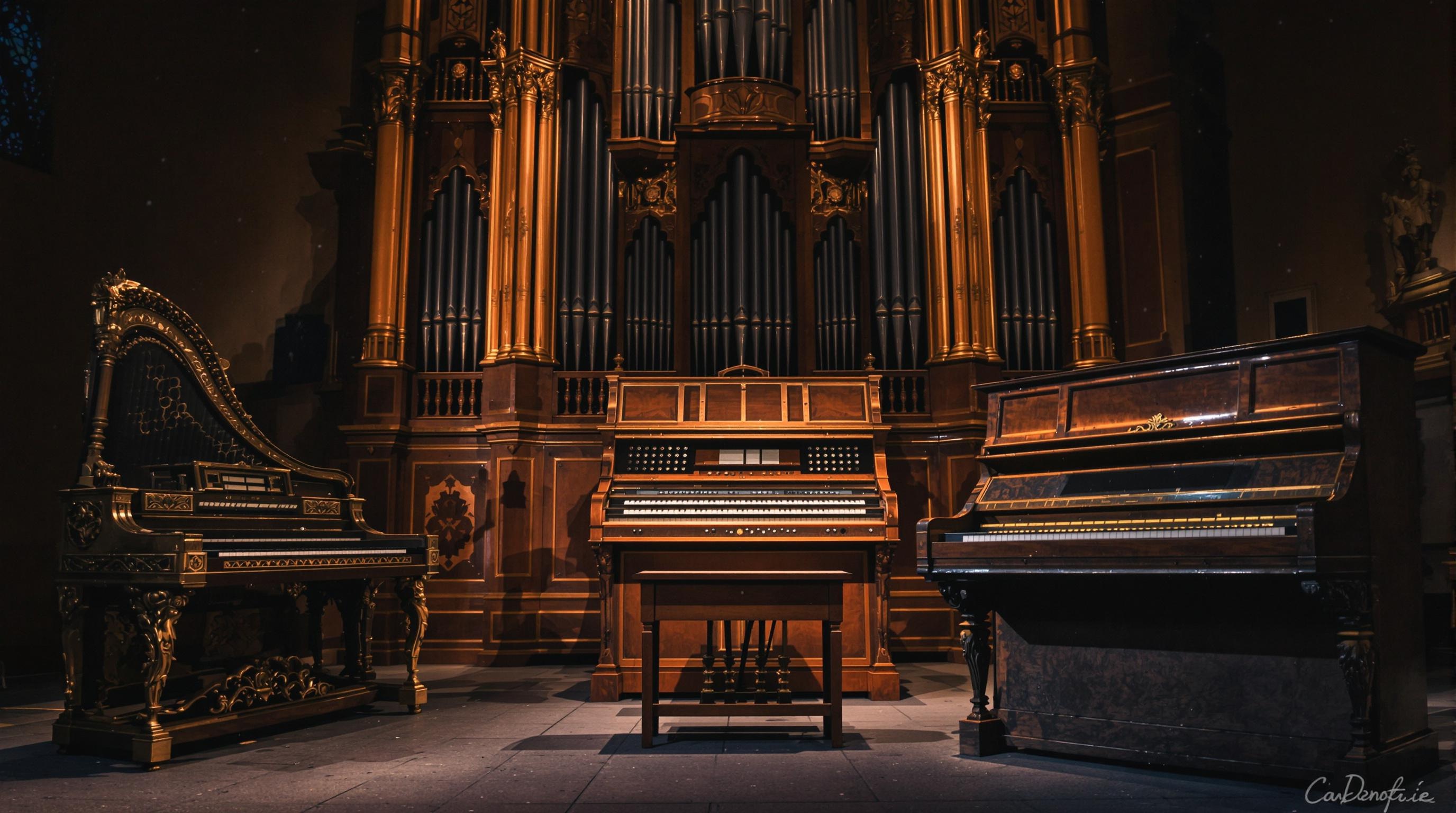 Claviers historiques dans la pénombre, clavecin baroque, orgue monumental et piano droit éraflé.