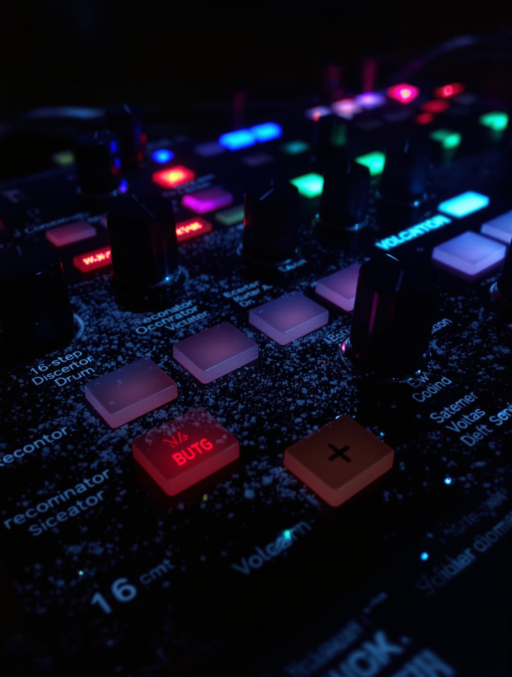 Détail du panneau du Korg Volca Drum, boutons de contrôle, LED du séquenceur et sérigraphie des paramètres résonateur/oscillateur.