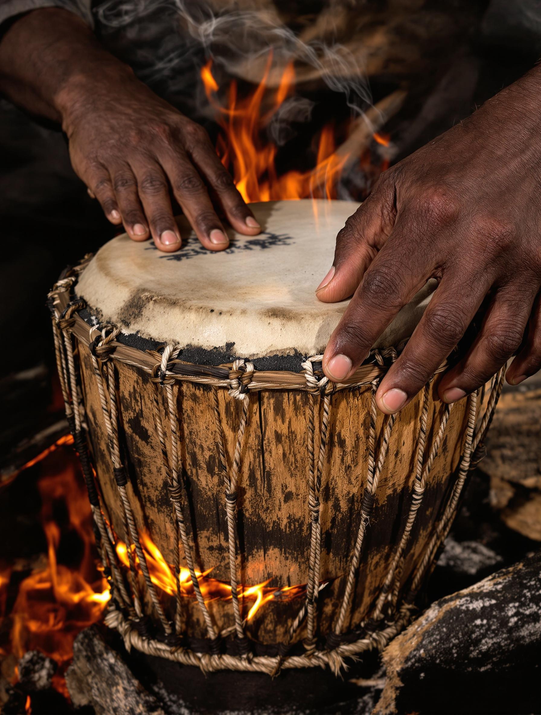 Mains accordant un djembé à chaud au-dessus d'un feu de bois africain
