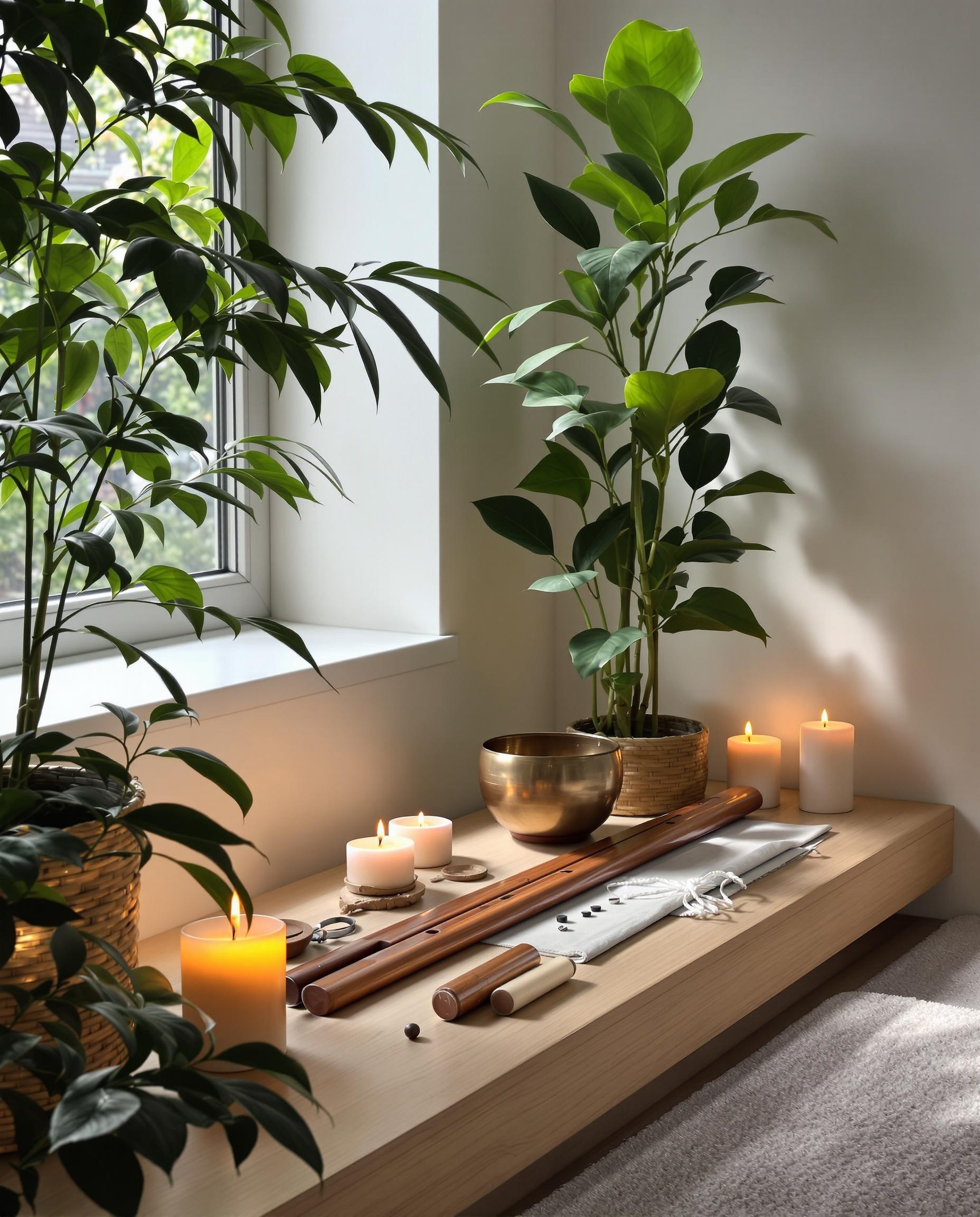 coin zen minimaliste instruments plantes bougies lumière naturelle