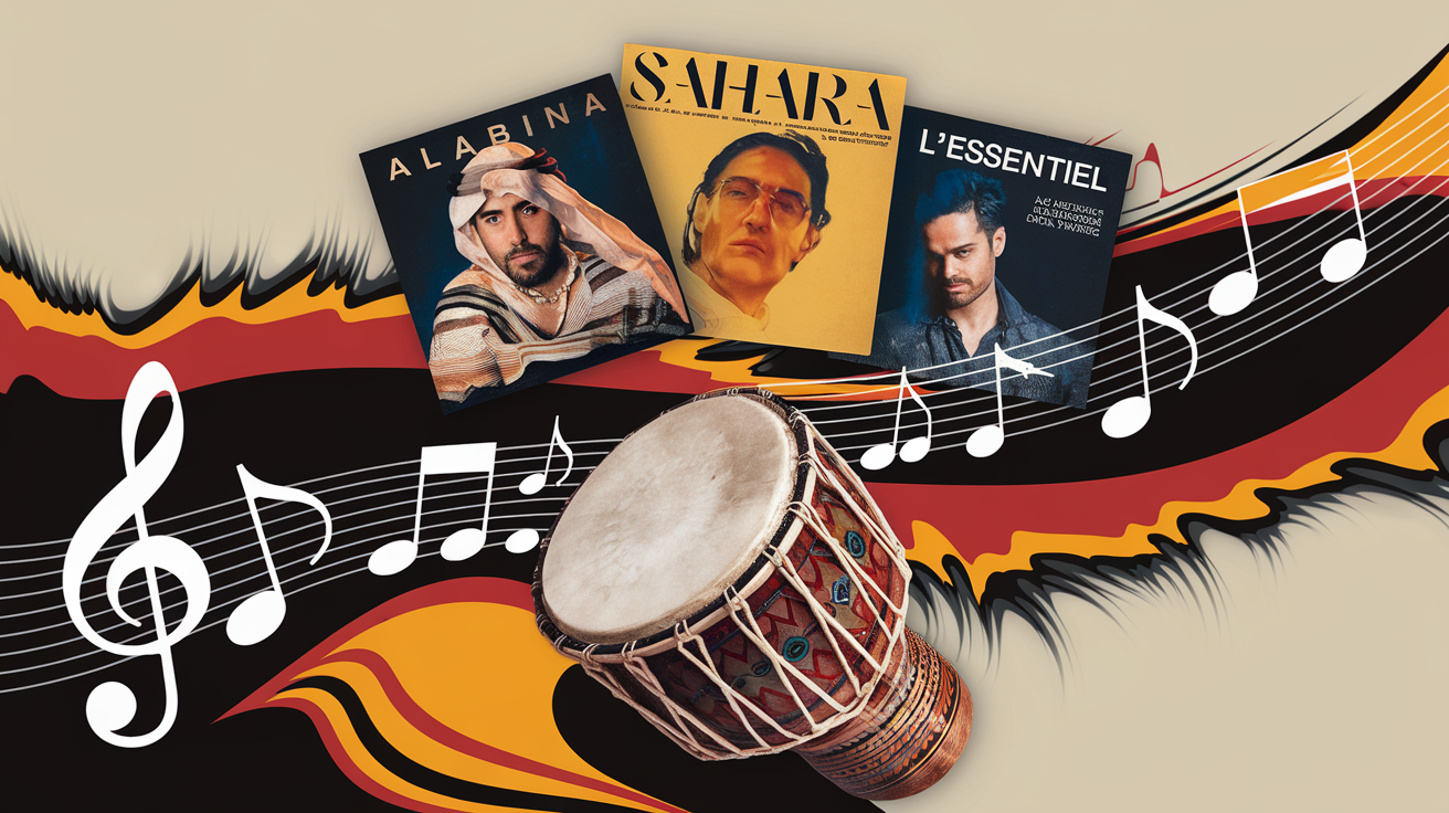 Collage des pochettes d'albums d'Alabina, vibrant avec des éléments de bendir et de partitions