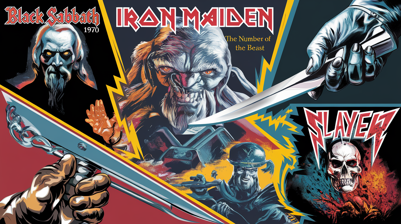 Collage de pochettes emblématiques du metal, incluant Black Sabbath, Iron Maiden, Judas Priest et Slayer.