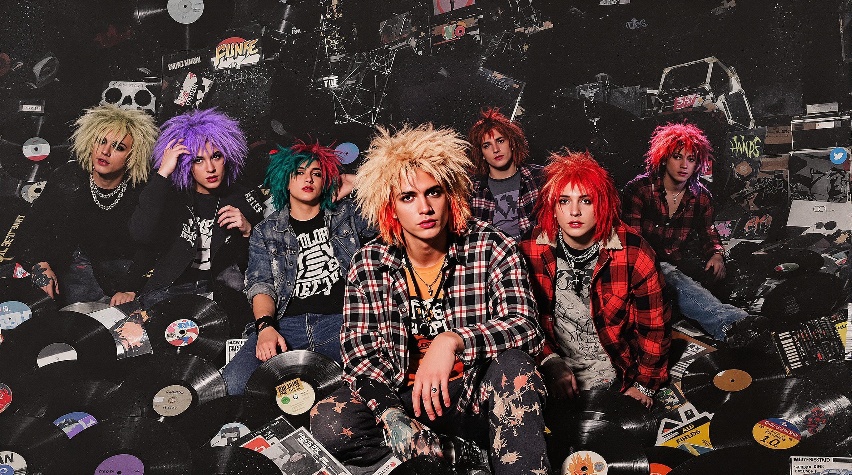 Collage visuel contemporain fusionnant concert grunge années 90, jeunes actuels et vinyles, symbolisant la transmission générationnelle du rock.