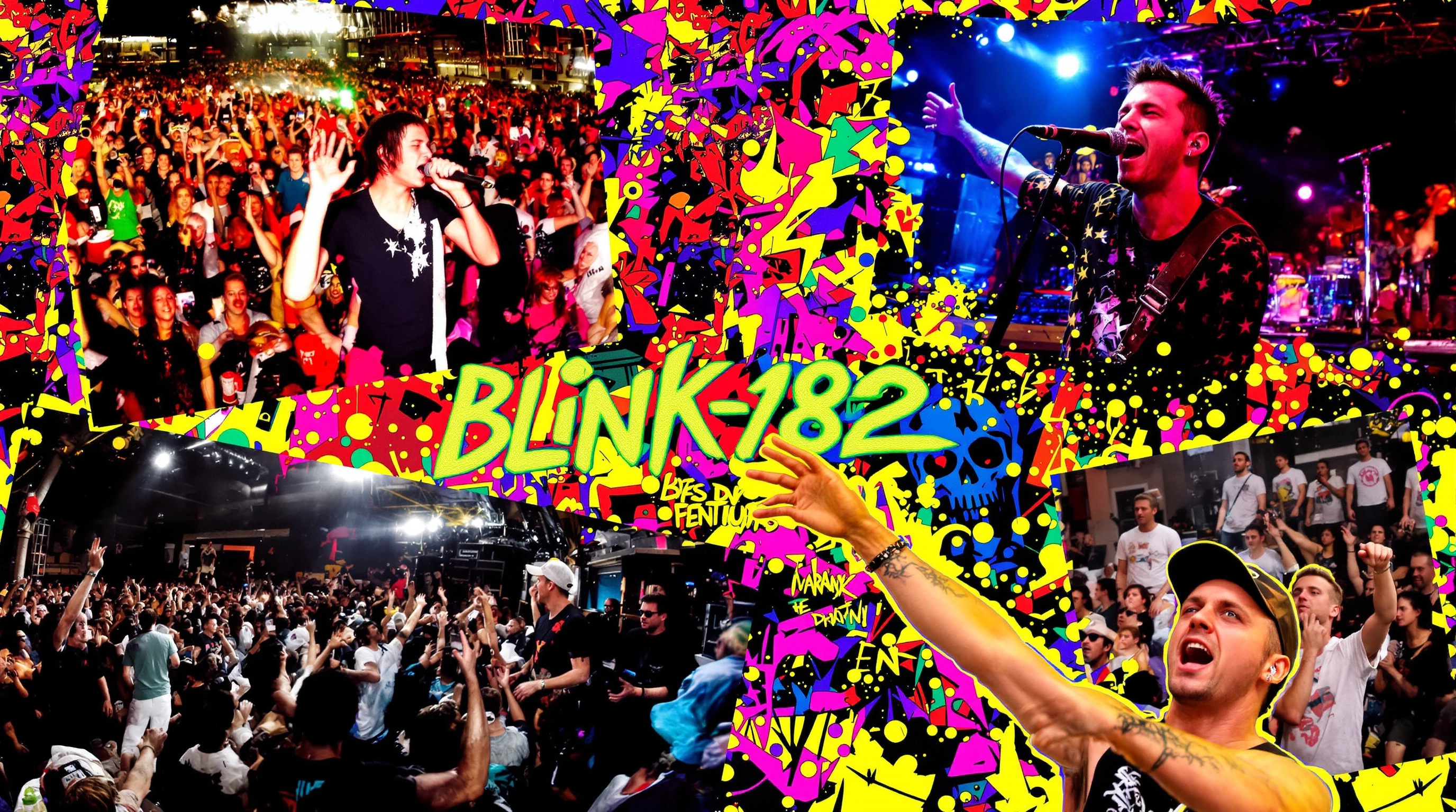 Collage énergique de concerts Blink-182 et sessions studio intenses.