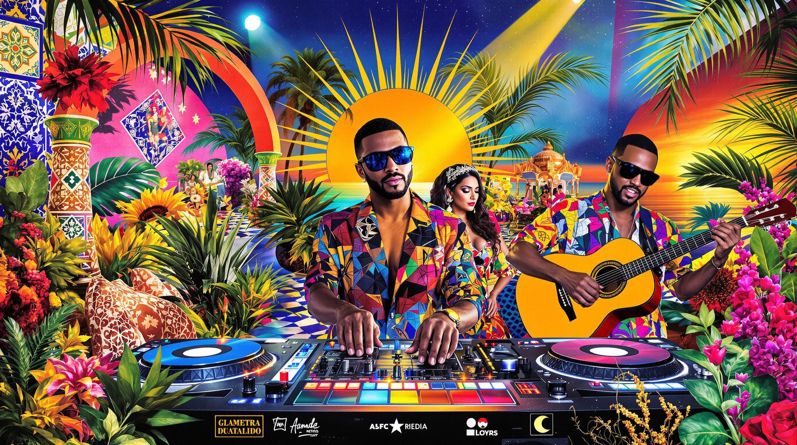 Collage représentant des DJ orientalo-latinos, des guitares, des platines et une ambiance de club