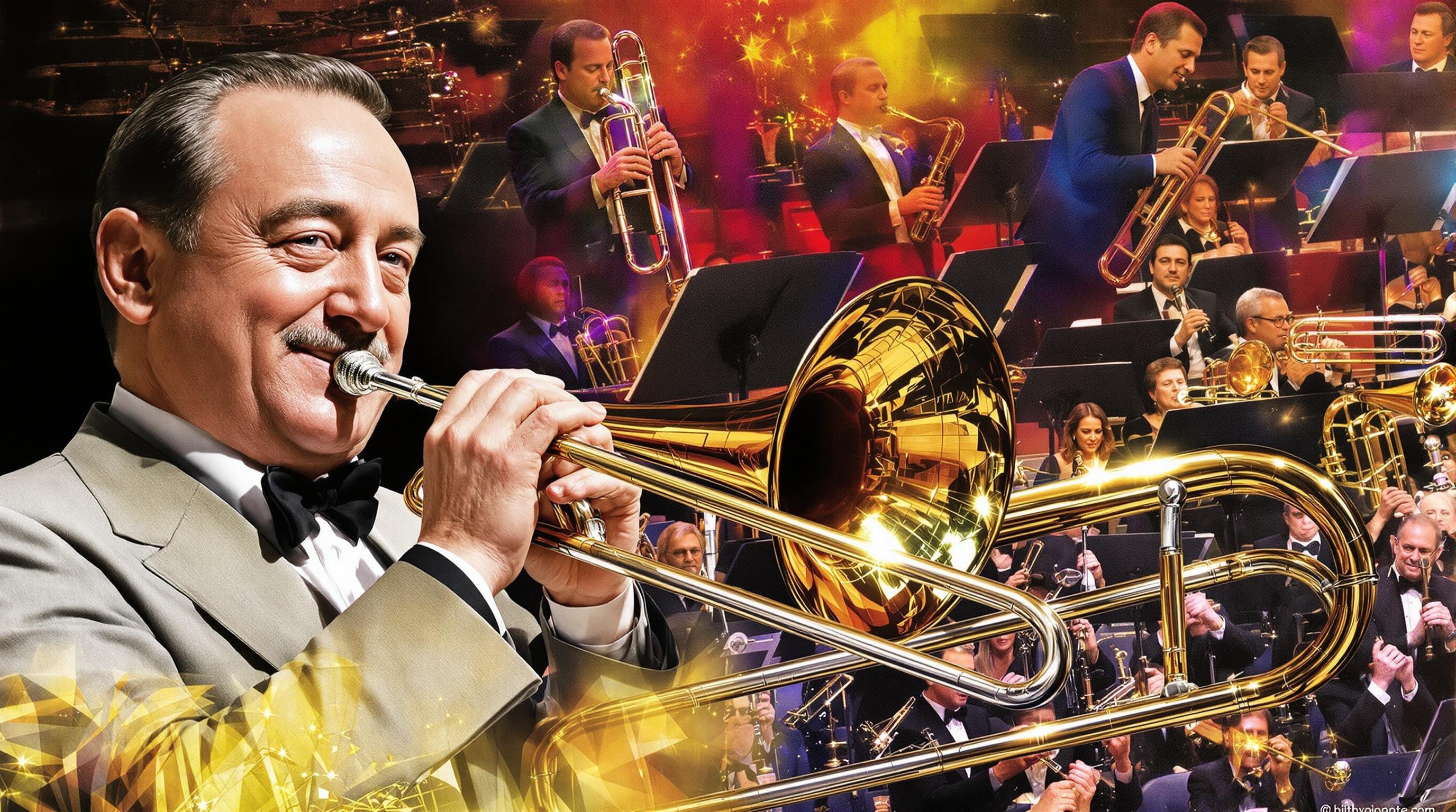 Collage de musiciens iconiques jouant du trombone dans le jazz et le classique